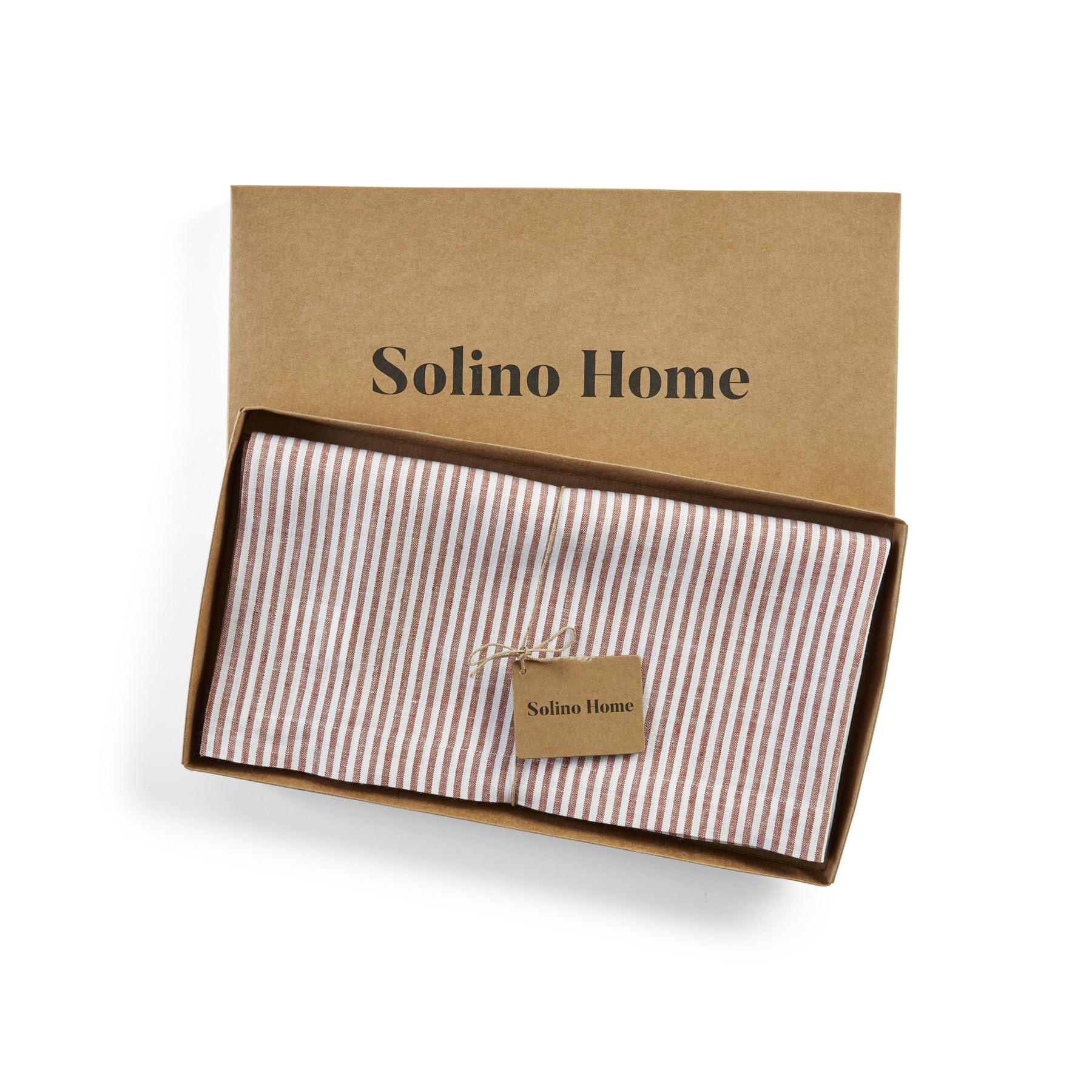 Solino Home Stripe Linen Tablecloth - 100% Pure Linen Cinnamon And White Tablecloth 120'' L X 60'' W For Spring - Handcrafted An