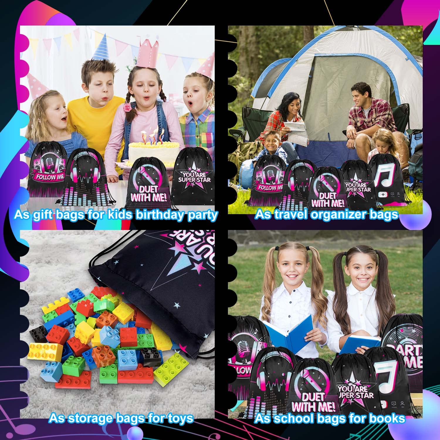 12 Pack Music Party Supplies Favor Drawstring Bags for Kids' Birthday  Boys Girls Music Tiktok Drawstring Backpack Bag as Loot and Goodie bags for Gifts  Treat  Candy  School  Travel or Birthday Party