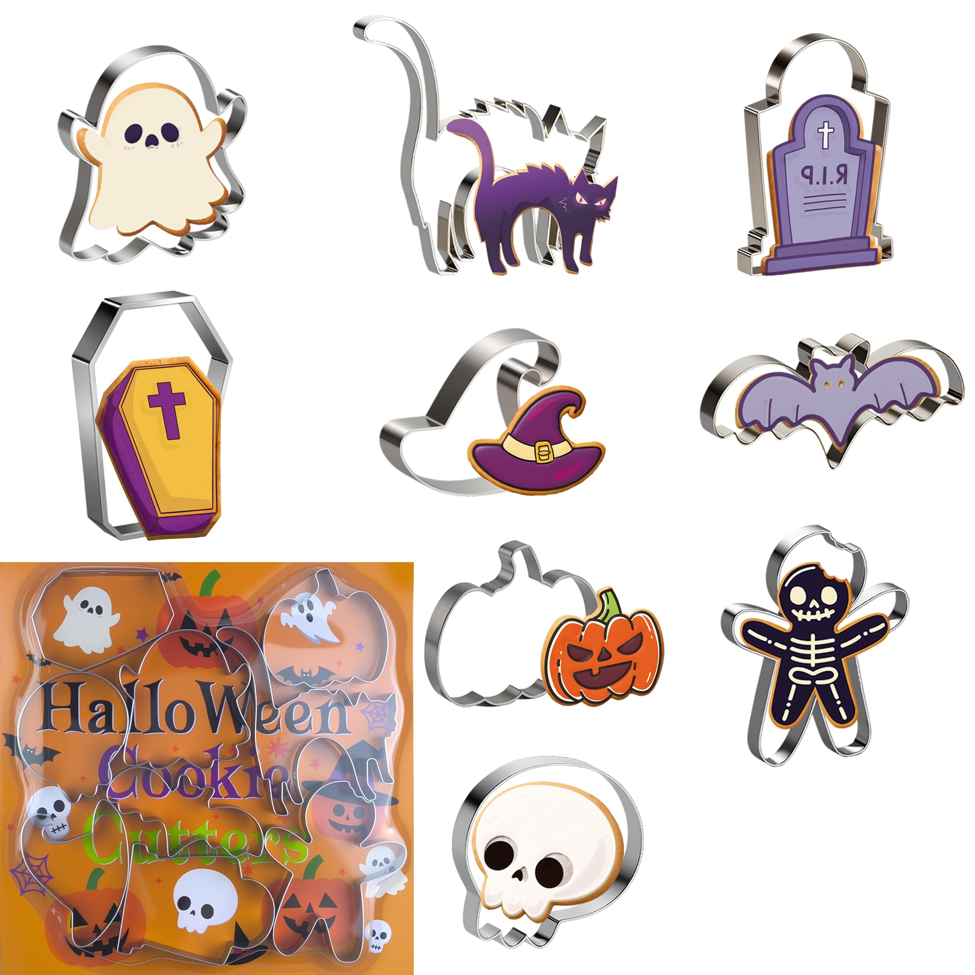 OHOME 9 PCS Halloween Cookie Cutters Kit Halloween Party Favors - Shaped in Bat Ghost Cat Pumpkin Coffin | Stainless Steel Hallo