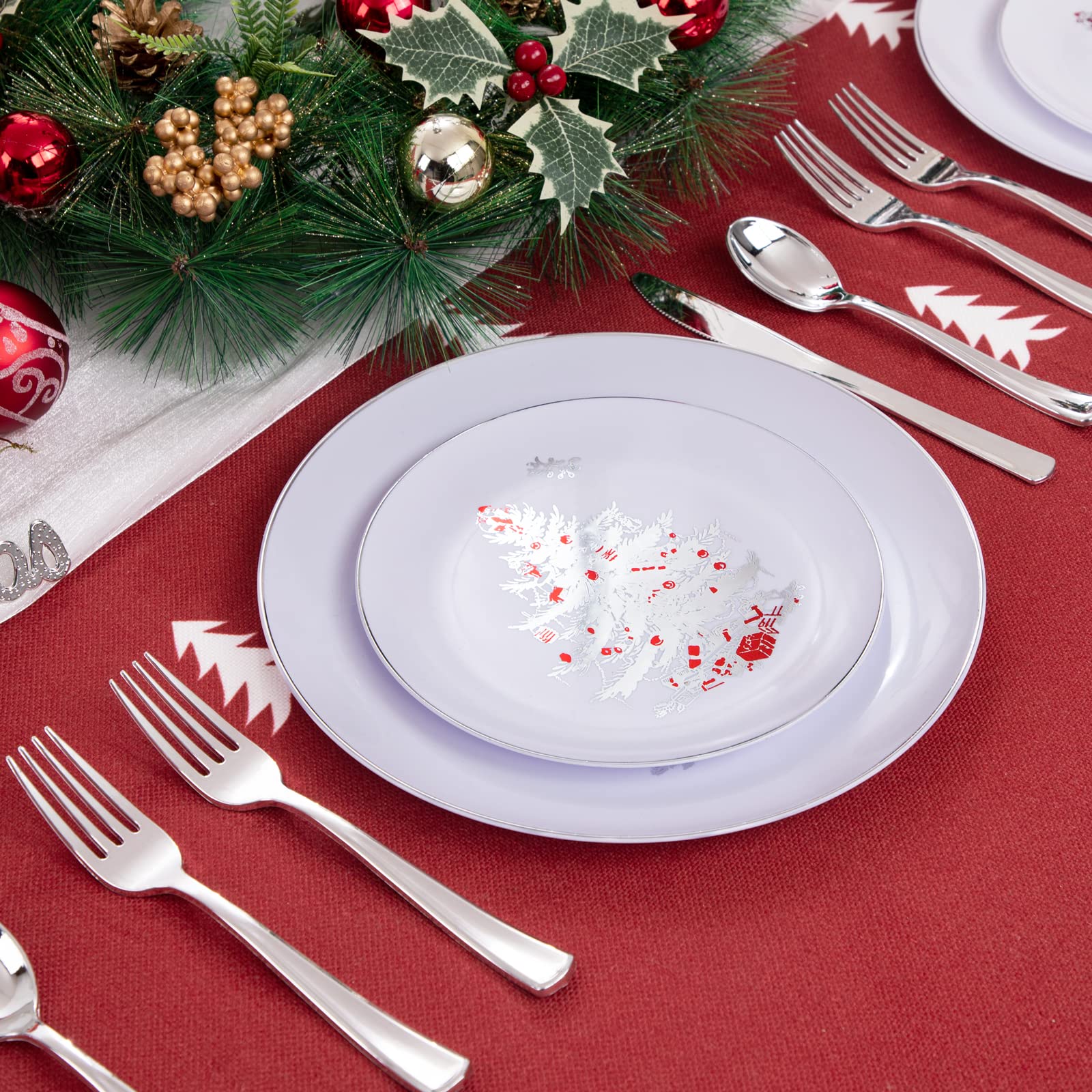 Rubtlamp 60PCS Christmas Plastic Plates, Disposable Party Plates, White Plastic Plates with Silver Christmas Tree Include 30Whit