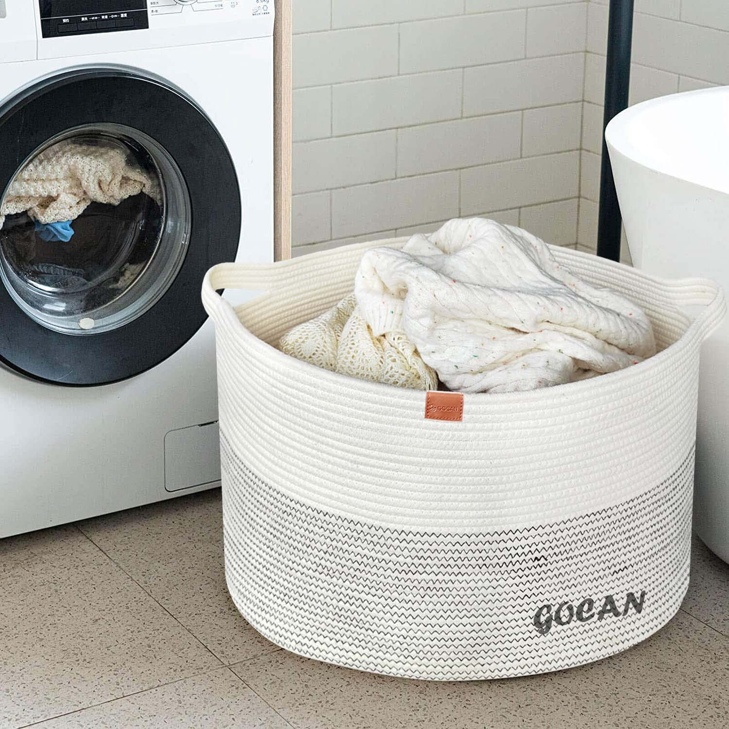 Gocan Extra Large Laundry Basket 22'' X 22''X 14'' Xxxl Cotton Rope Woven Basket For Blankets Storage Basket With Handles For Li