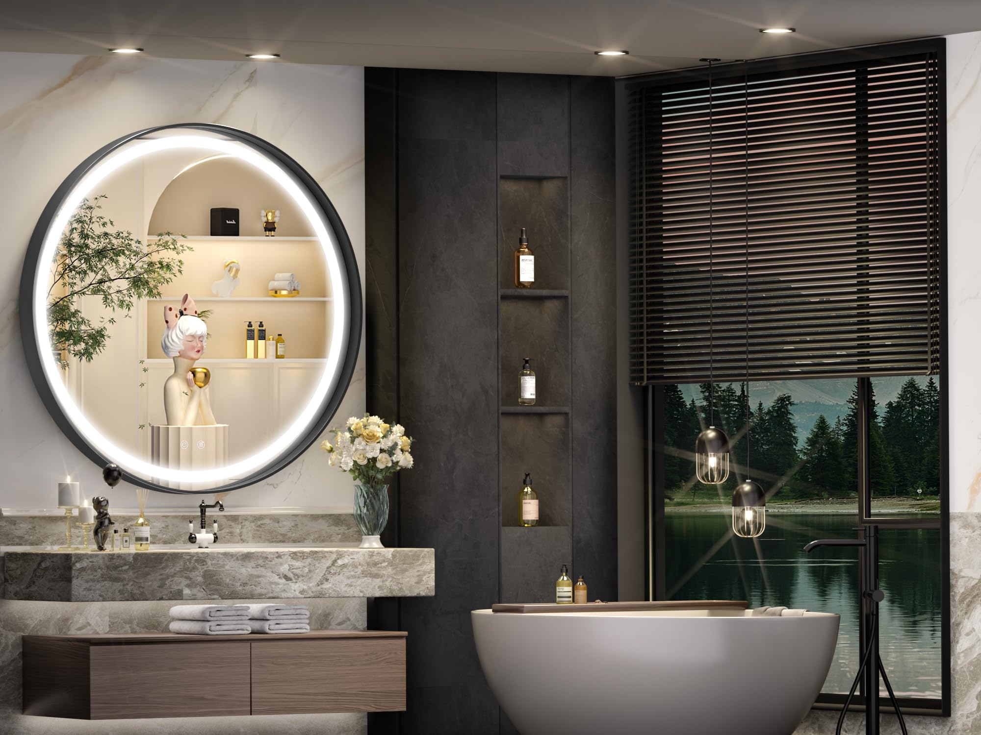 Hasipu 28 Inch Round Led Mirror For Bathroom With Lights, Black Circle Vanity Mirror For Wall, Metal Framed Frontlit Bathroom Mi