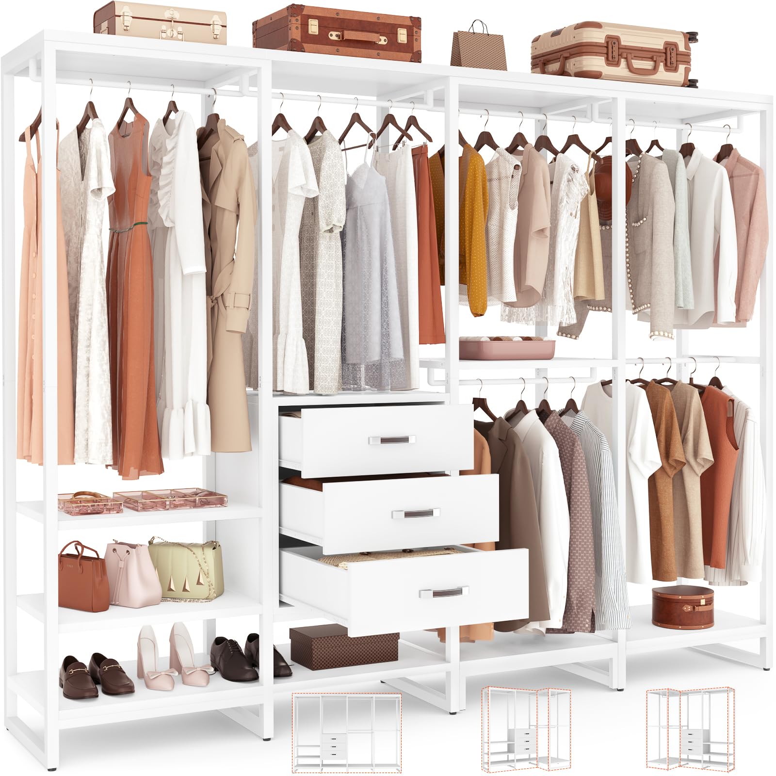 Aheaplus Wood Clothes Rack Wardrobe Closet For Hanging Clothes Heavy Duty Garment Rack, Large Corner L Shaped Closet System Orga