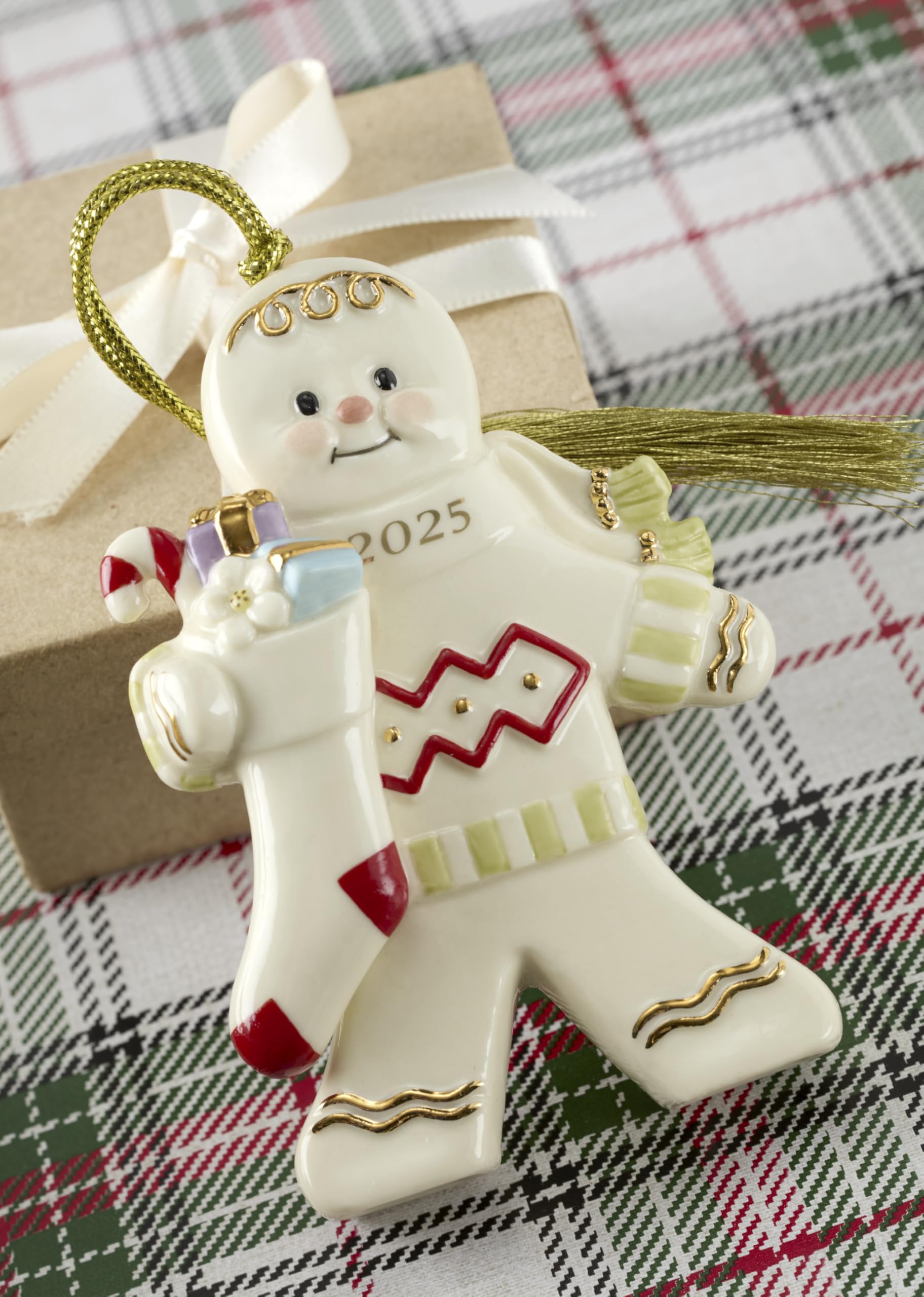 Lenox Ornament, 2025 Gingerbread with Stocking Ornament, Made from Porcelain, Christmas Tree Decorations, Gold Accents and Hangi