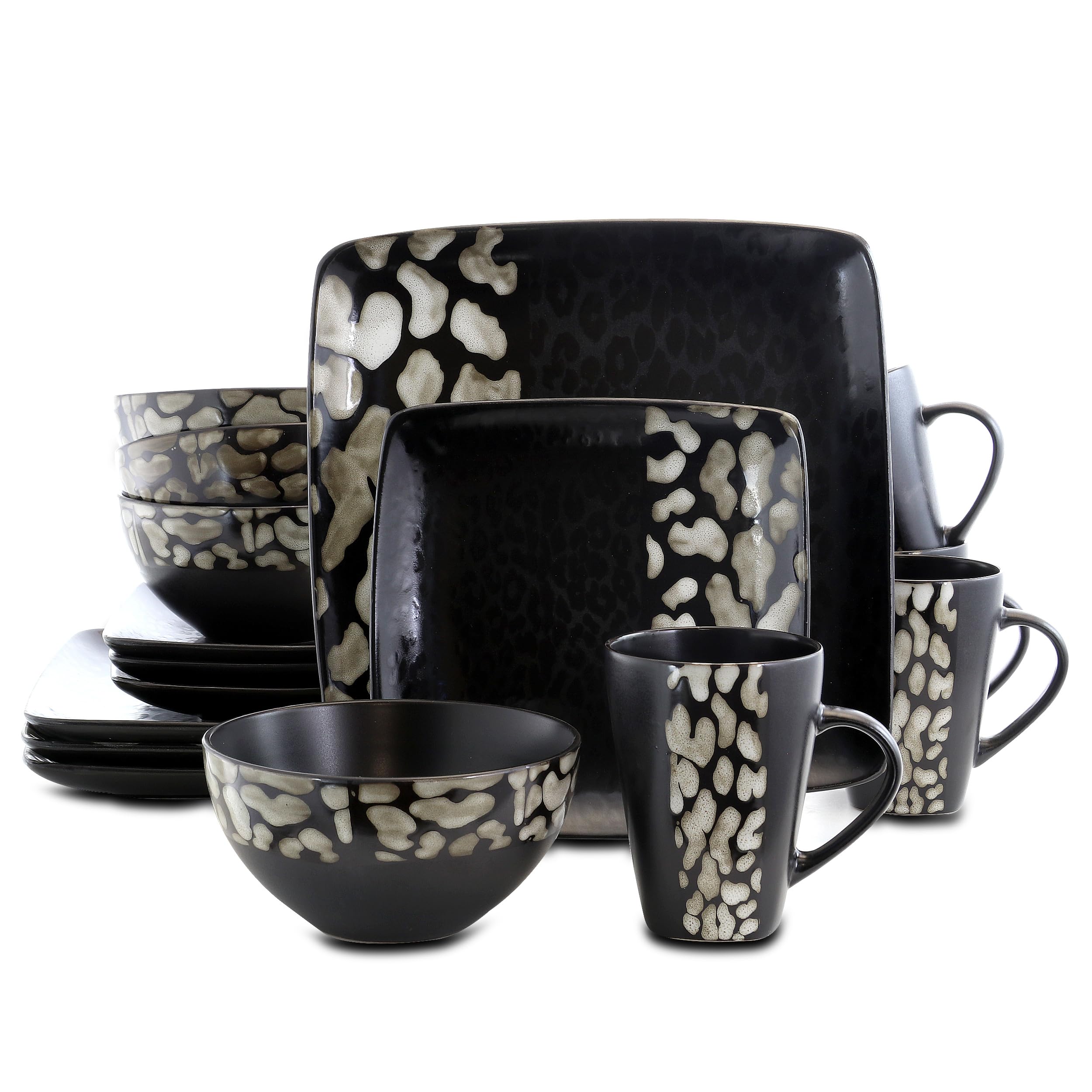 Elama Square Stoneware Pattern Dinnerware Dish Set, 16 Piece, Matte Black with Cheetah Design