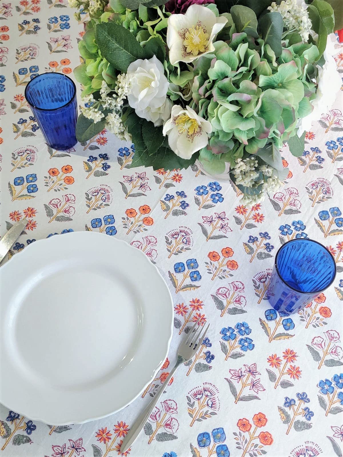 ATOSII Flora Bloom 100% Cotton Square Boho Fall Tablecloth, Handblock Floral Table Cloth Linen for Kitchen Dining I Parties Wedd