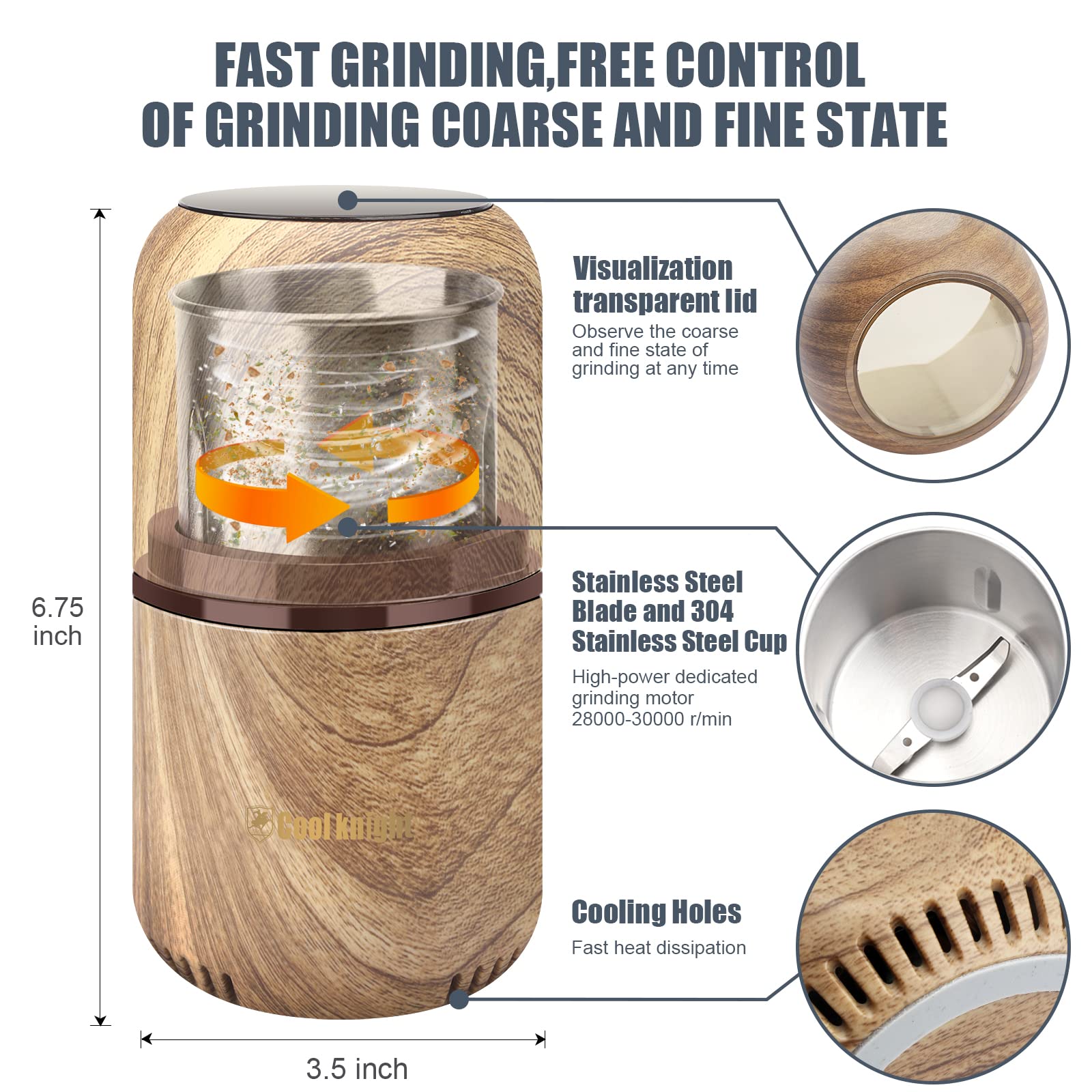 Cool Knight Herb Grinder [Large Capacity/Fast/Electric ]-Spice Herb Coffee Grinder With Pollen Catcher/- 7.5'' (Wood Grain)
