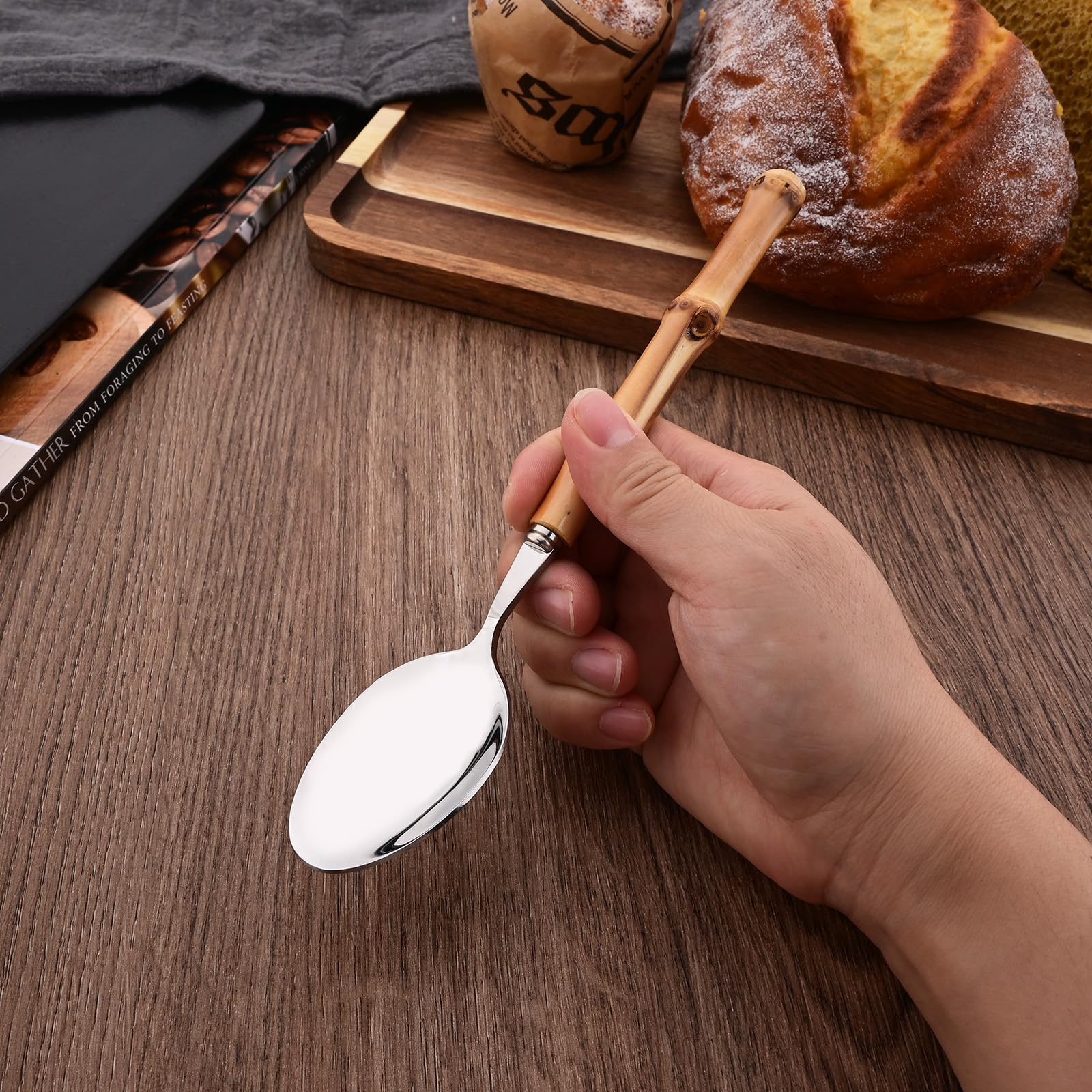 Uniturcky 8-Piece Natural Bamboo Dinner Spoon Set, Stainless Steel Spoons With Bamboo Handle For Home Kitchen Restaurant, Mirror