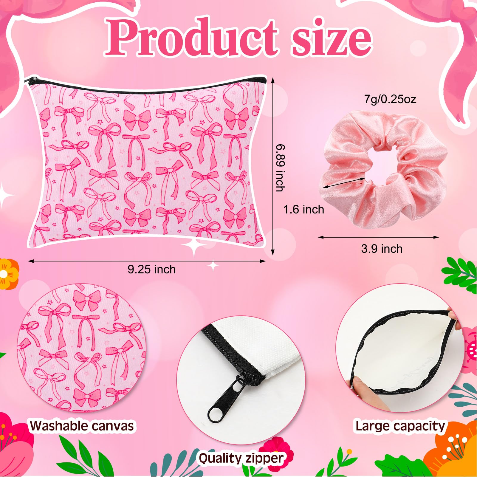 Reallnaive 18 Pcs Pink Bow Glass Cups With Lids Coquette Bow Cosmetic Makeup Bag Pink Hair Scrunchies Ties For Women Birthday We