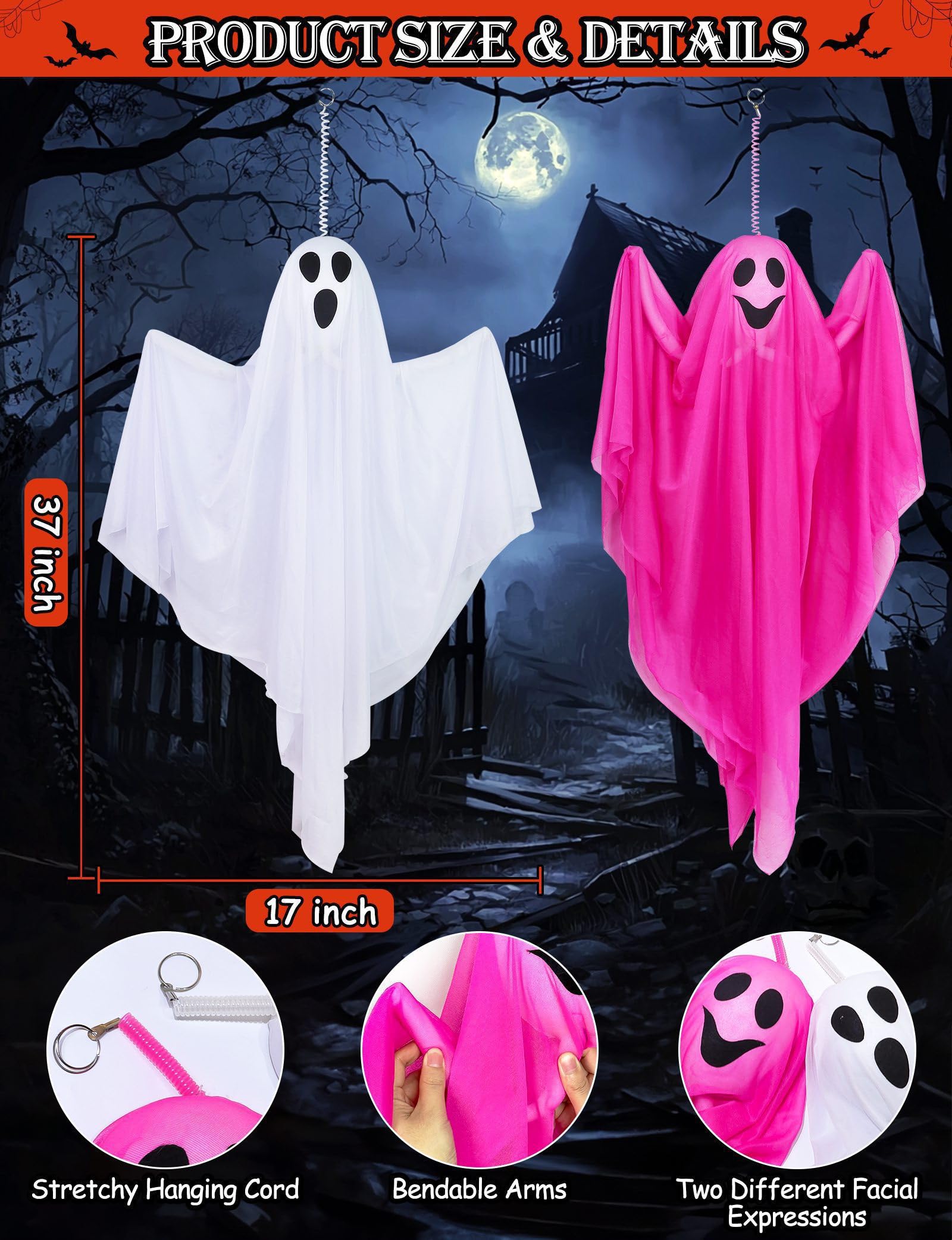 [ Sound Activated ] Light up Halloween Animatronics Hanging Ghost Decorations with Creepy Sound & Shake Hands, Lighted Flying Gh