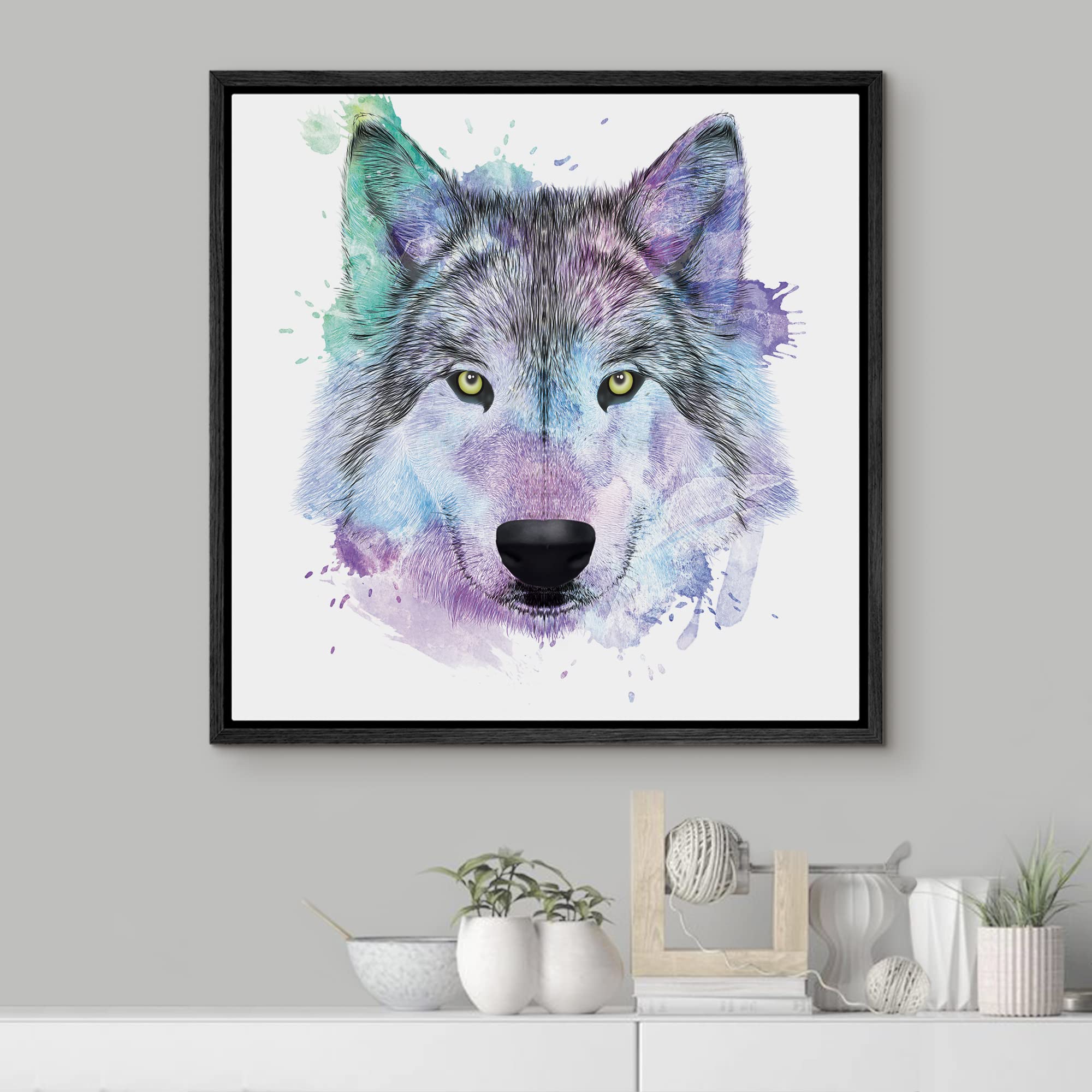 Wall26 - Fun And Colorful Splattered Watercolor Wolf - Framed Canvas Art Home Art - 16''X16'' Black