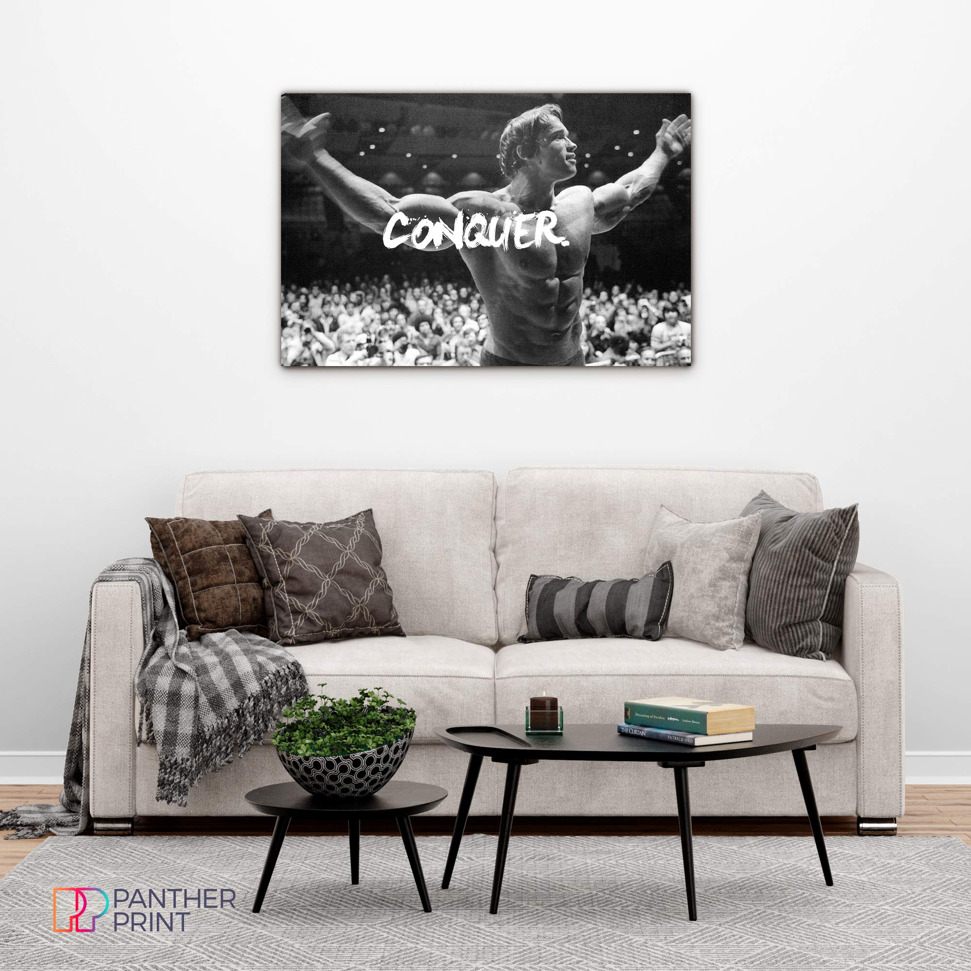 Panther Print  Large Canvas Wall Art  Beautiful Living Room Framed Art  Quality Picture Prints for Walls  Motivational Design  Arnold Schwarzenegger Conquer  Print for Special Occasions (30 x 20 Inch)