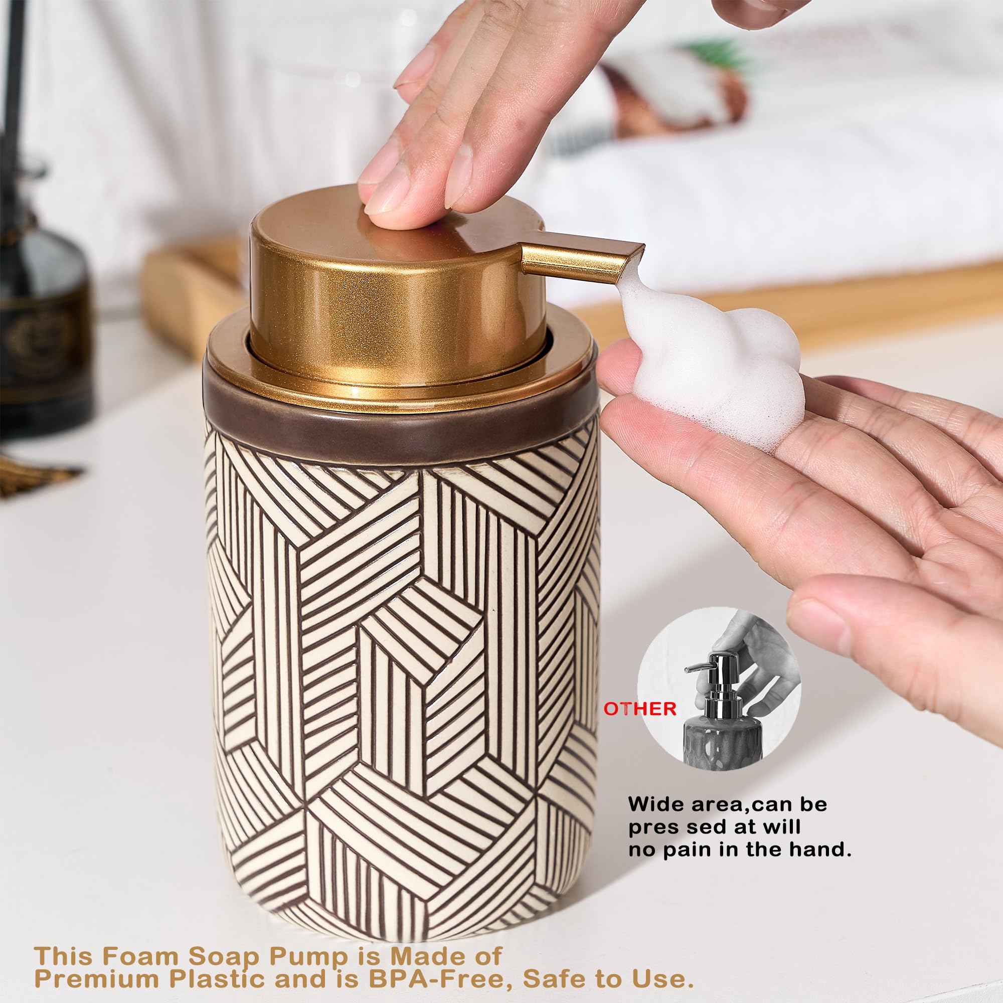 Girlufo Brown Foaming Soap Dispenser,Foam Soap Dispenser Bathroom With Plastic Gold Soap Pump,Handmade Ceramic Foaming Hand Soap