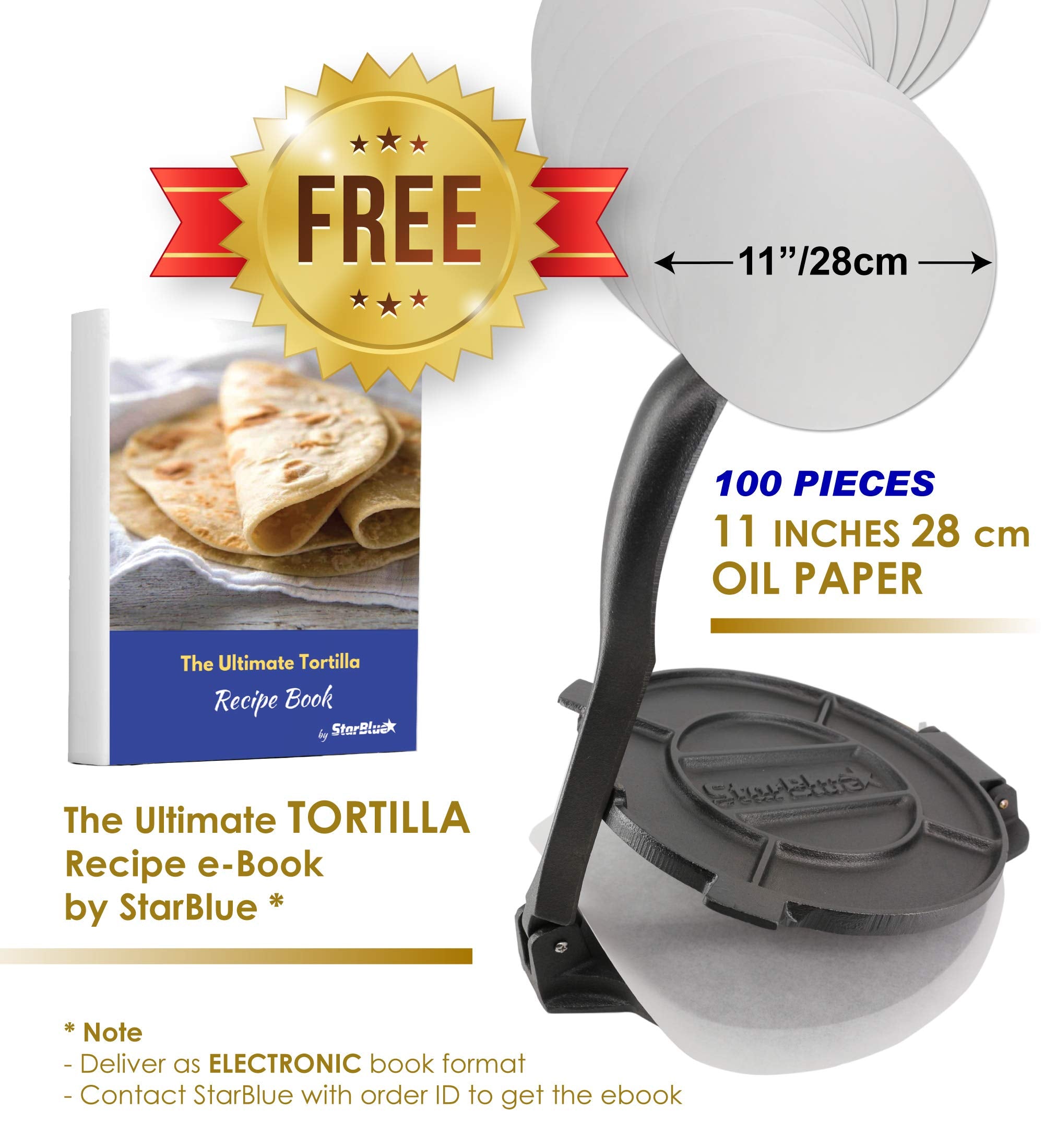 10 Inch Cast Iron Tortilla Press By Starblue With Free 100 Pieces Oil Paper And Recipes E-Book - Tool To Make Indian Style Chapa