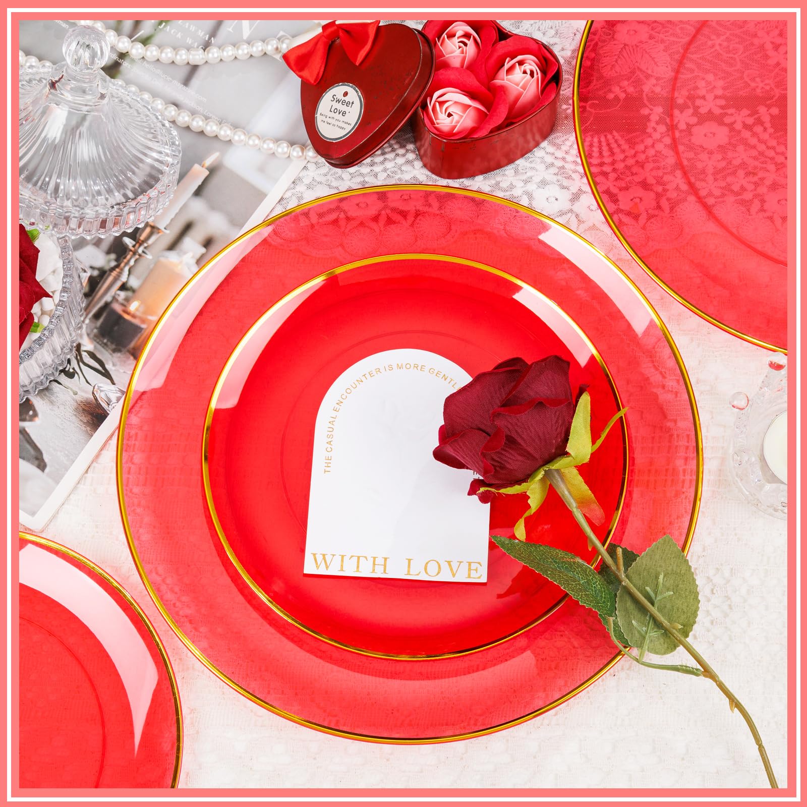 Liyh 180Pcs Clear Red Plastic Plates Disposable - Plastic Red Dinnerware Set With God Edge Plates Include - Gold Plastic Silverw