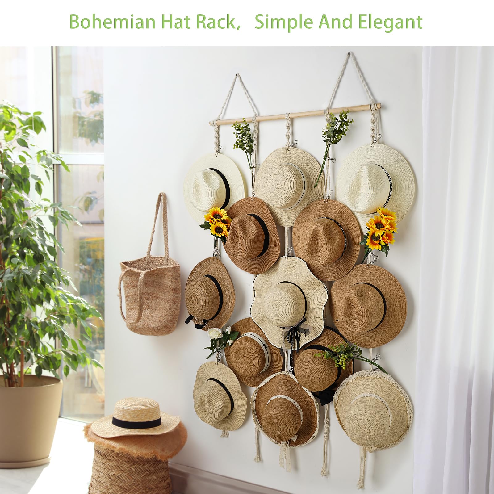 Hydermus Hat Rack For Wall 31X53 In Hat Organizer With 15 Clips Hanging Macrame Hat Hangers For Wide Brimmed Hat Display Women H