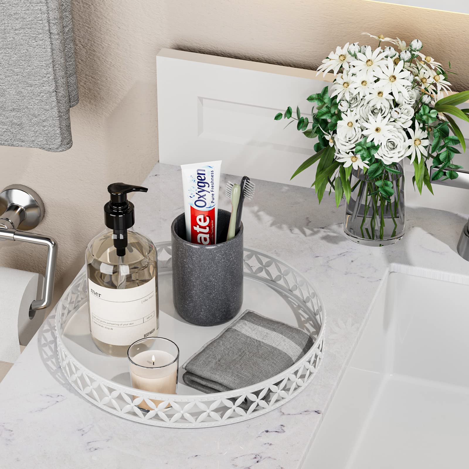 Eknitey Bathroom Trays For Counter - 11 Inch White Decorative Tray Countertop Cosmetics Vanity Perfume Organizer Storage Tray Fo