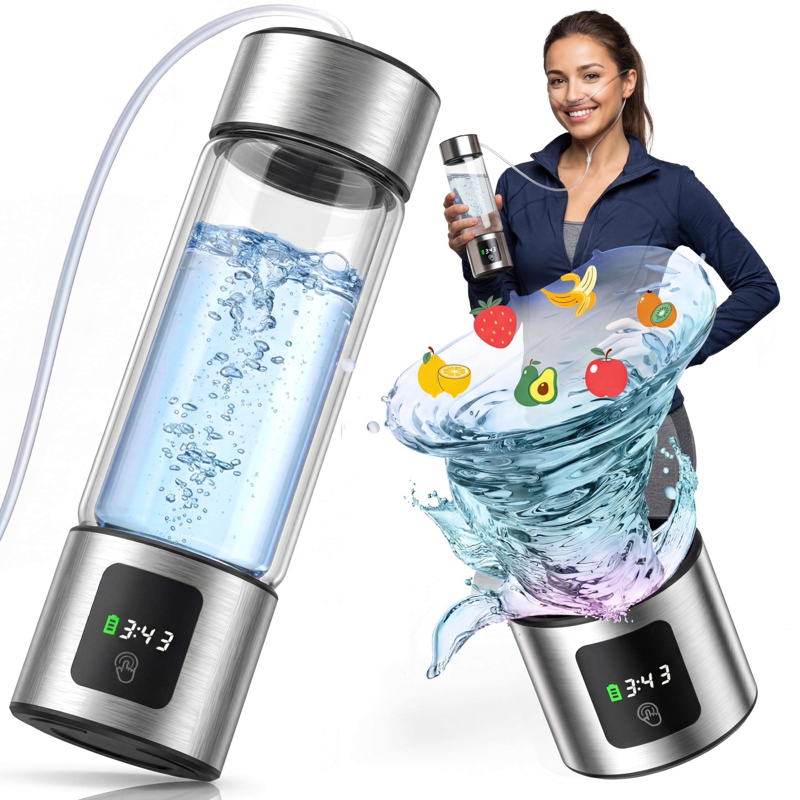Hydrogen Water Bottle Generator, Up to 6000 PPB SPE-PEM, 460ml Borosilicate Glass, LED Display, USB Rechargeable, Leak-Proof, Po