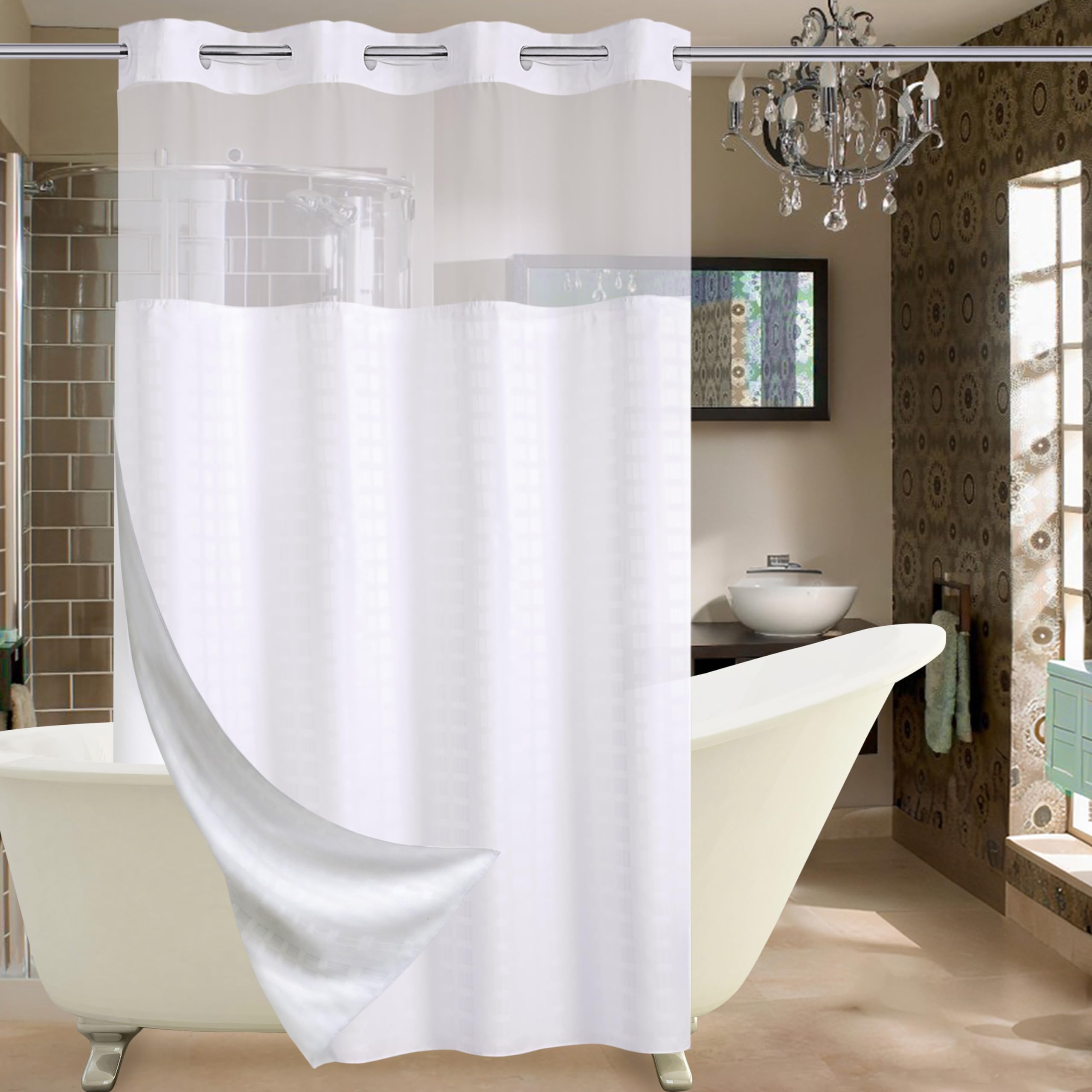 Conbo Mio Hotel Grade Fabric Shower Curtain Stall White Shower Curtain with Snap in Liner for Bathroom with See Through Top Window  Spa  Machine Washable (Check-White 54W x 74H)