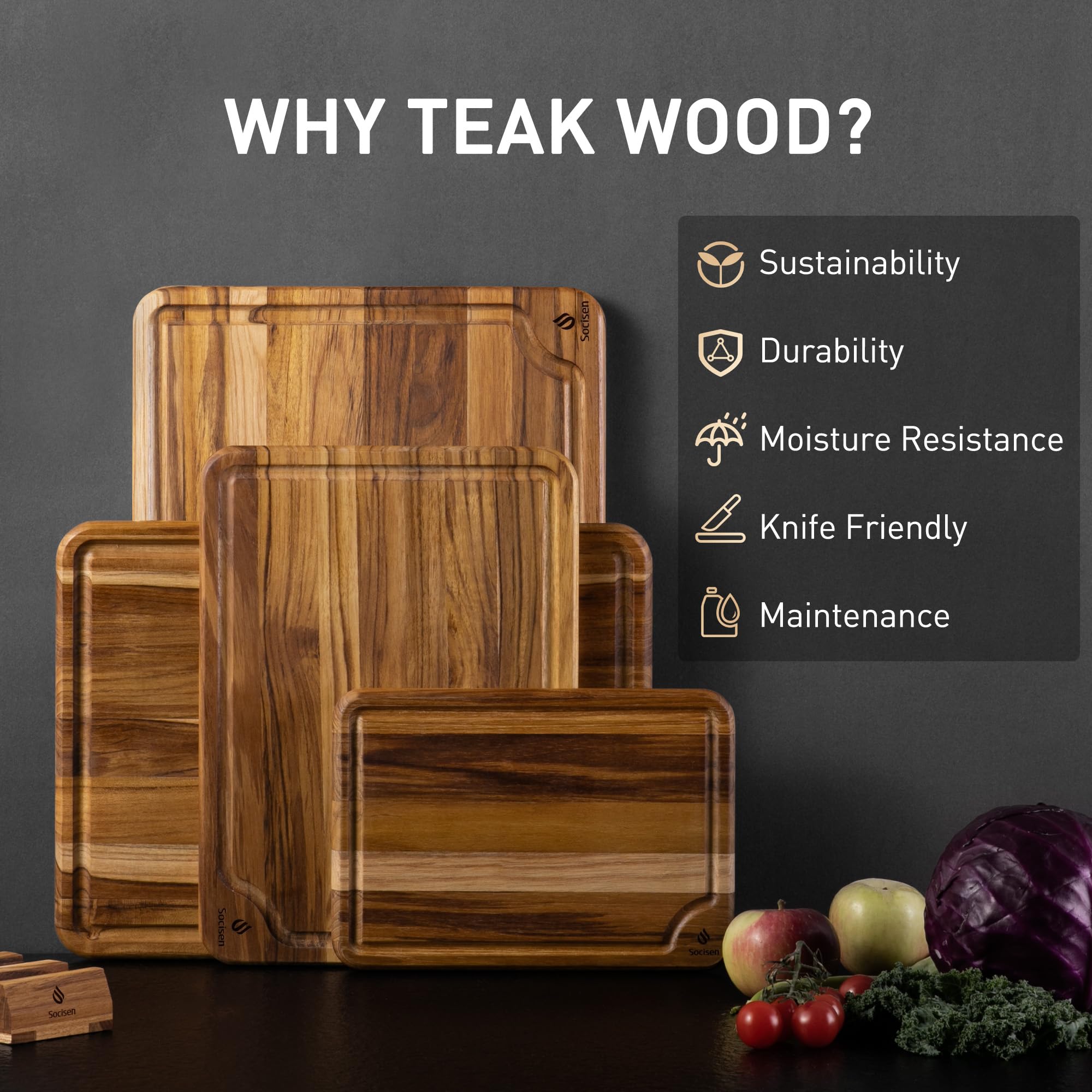 4 Pack Teak Wood Cutting Board Set for Kitchen Heavy Duty Non Toxic Non Slip Solid Thick Wood Haus Chopping Board Extra Large Bi