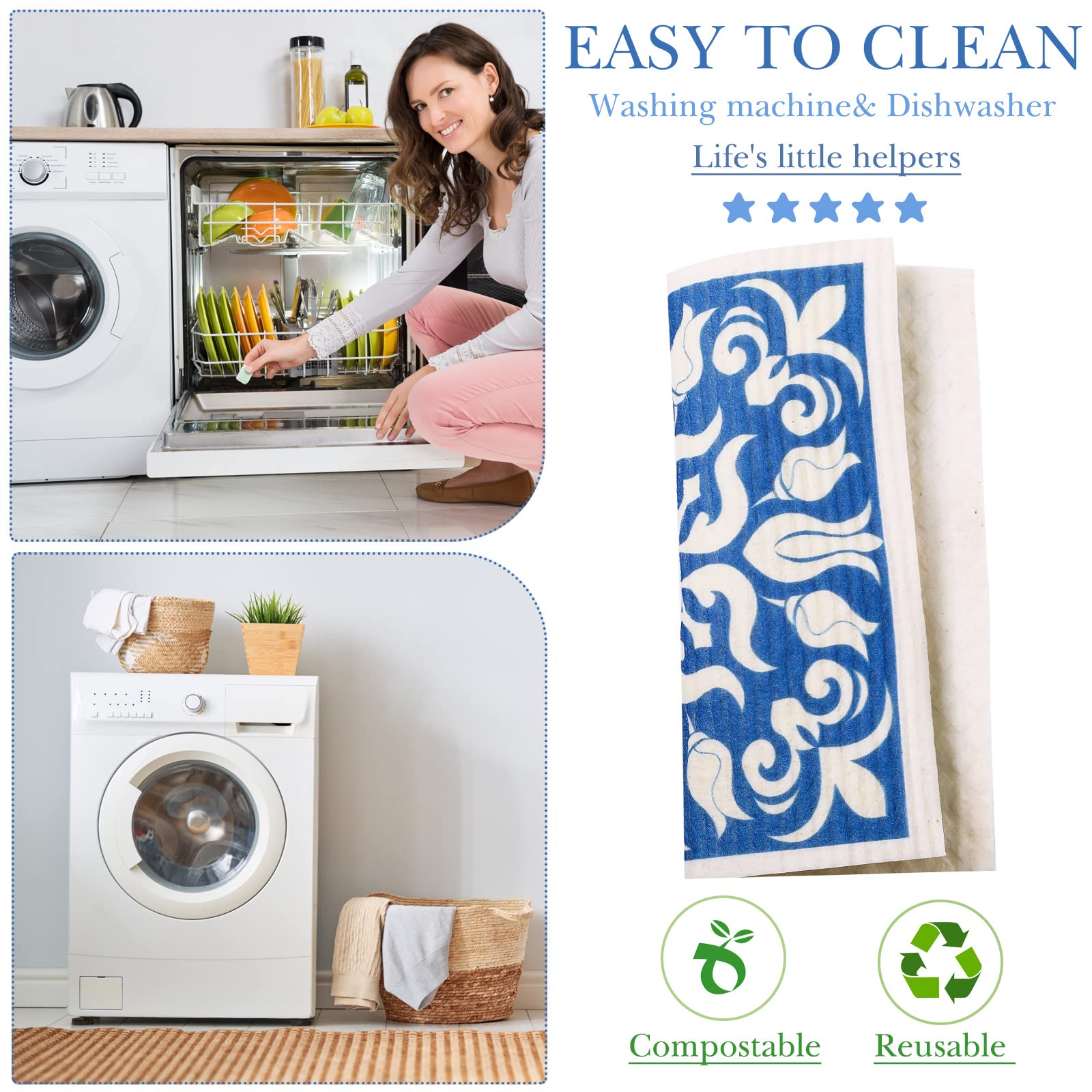 Cunhill 6 Pcs Reusable Kitchen Dish Cloths, Absorbent Cellulose Sponge, Quick Drying, Small, Blue Plaid