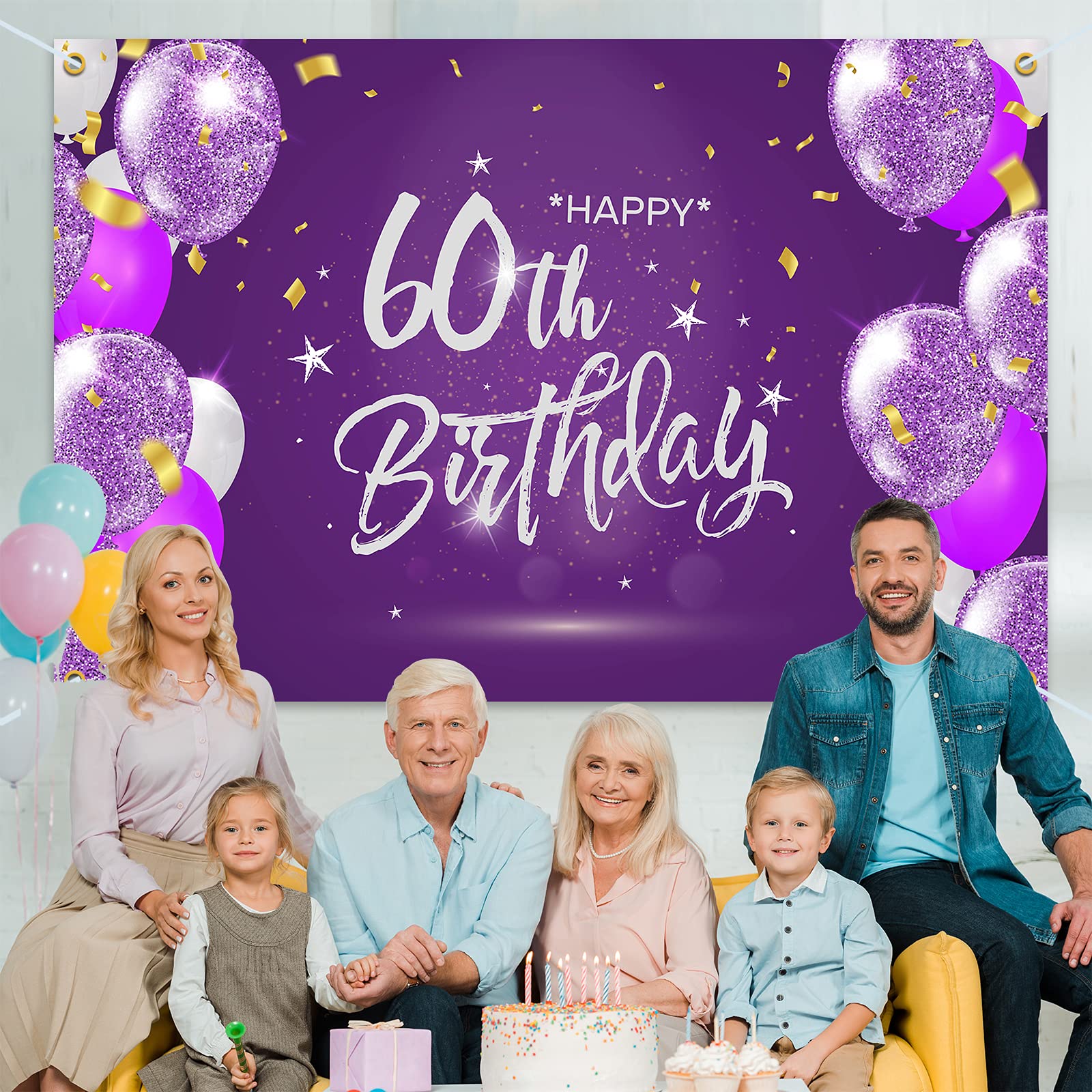 Hamigar 6X4Ft Happy 60Th Birthday Banner Backdrop - 60 Years Old Birthday Decorations Party Supplies For Women - Purple