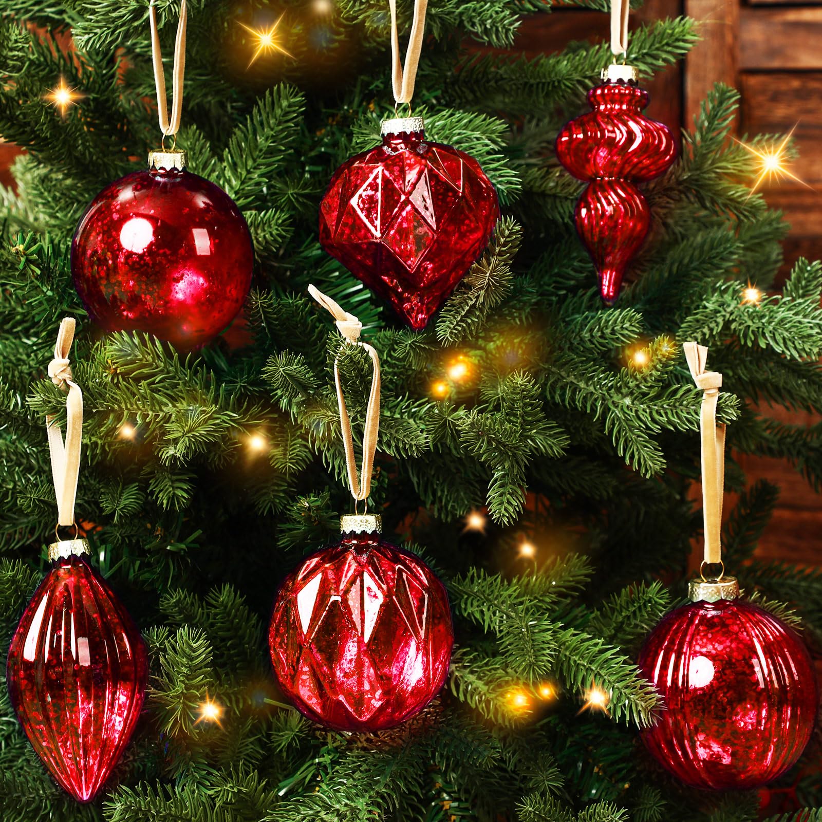 Civaner Set of 6 Red Mercury Glass Christmas Ornaments Large Hanging Mercury Glass Balls Finials Ornaments for Christmas Tree De