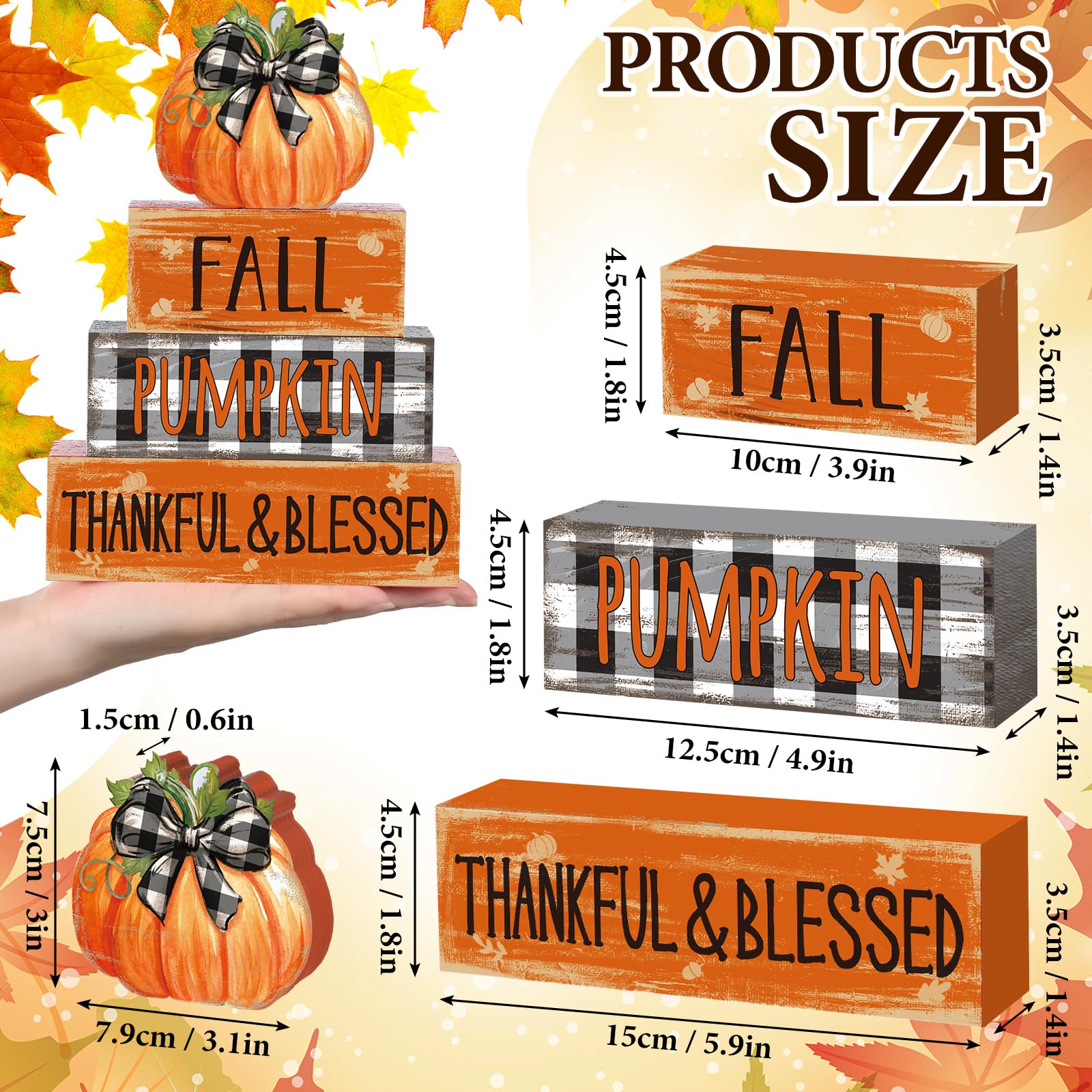 4 Pcs Fall Thanksgiving Decor for Home Buffalo Plaid Pumpkin Wooden Signs with Blessed Autumn Tiered Tray Decor Grid Pumpkin Tab