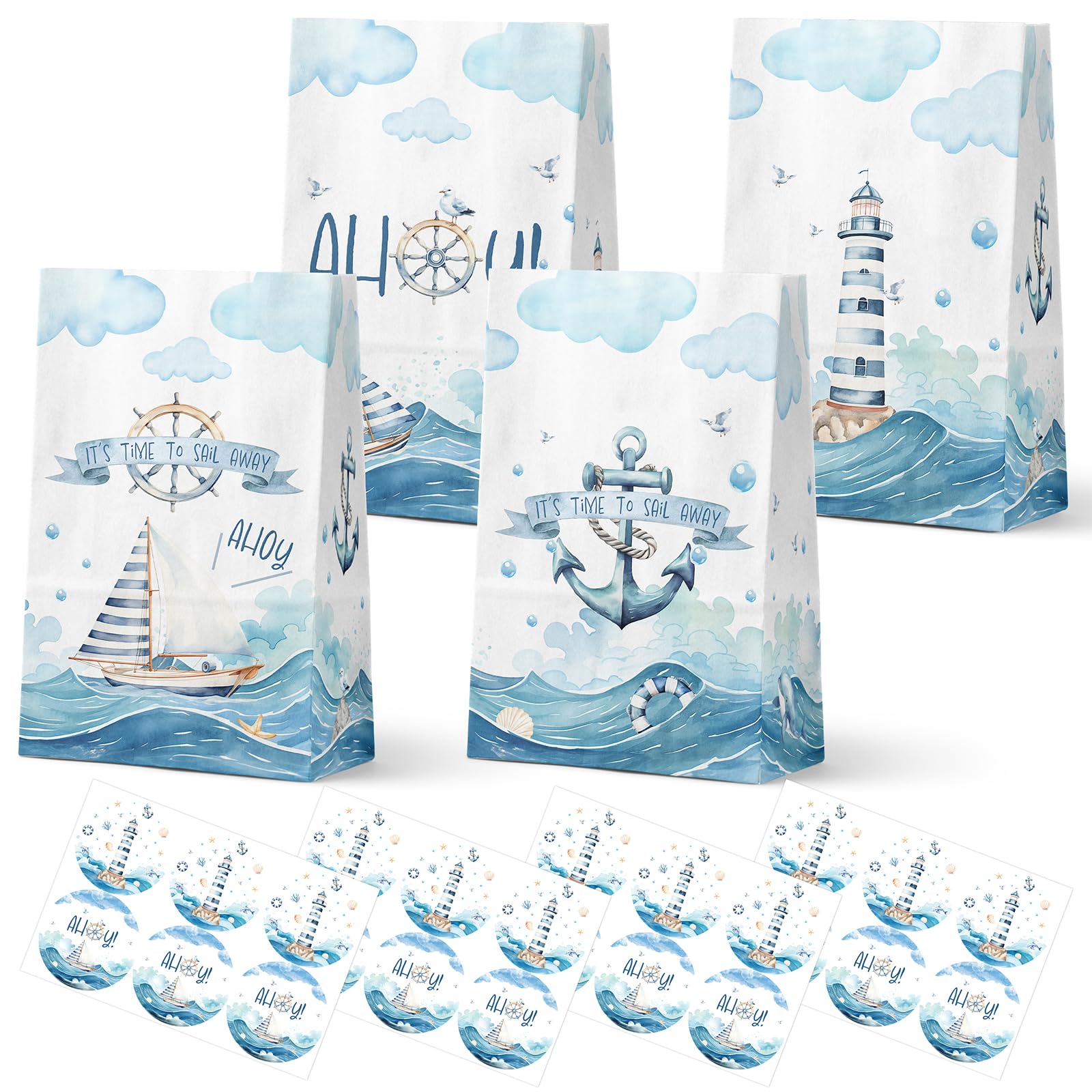 Celee 24-Pack Nautical Goodie Bags With Stickers - Ideal For Kids' Birthdays, Baby Showers, And Nautical Themed Parties