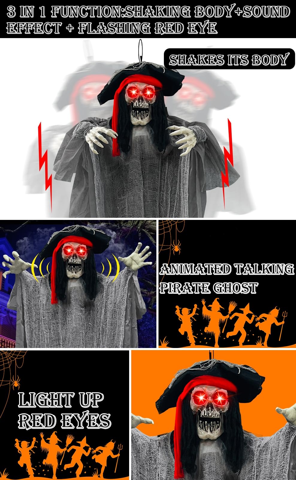 [ Sound Activated & Large ] 70 Inch Halloween Animatronic Hanging Talking Pirate Ghost Decoration Light up Eyes Shake Life Size