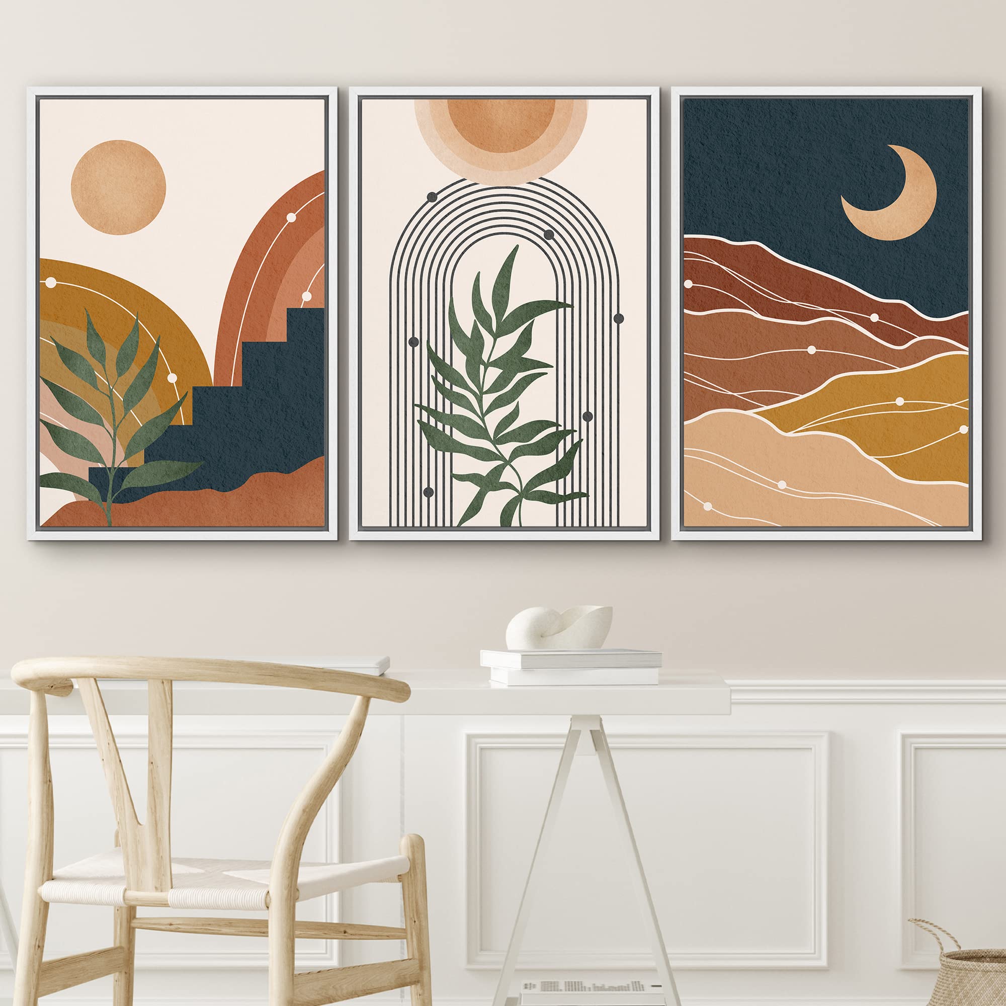 Idea4Wall Framed Wall Art Print Set Geometric Sun Moon Tropical Plant Valley Nature Abstract Illustrations Modern Decorative Rel