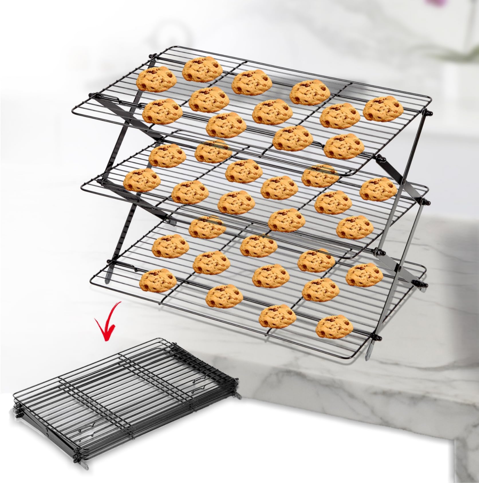 3-Tier Collapsible Cooling Rack For Baking - Expandable & Foldable Cookie Cooling Wire Rack - Baking Rack - Foldable Cooling Rac