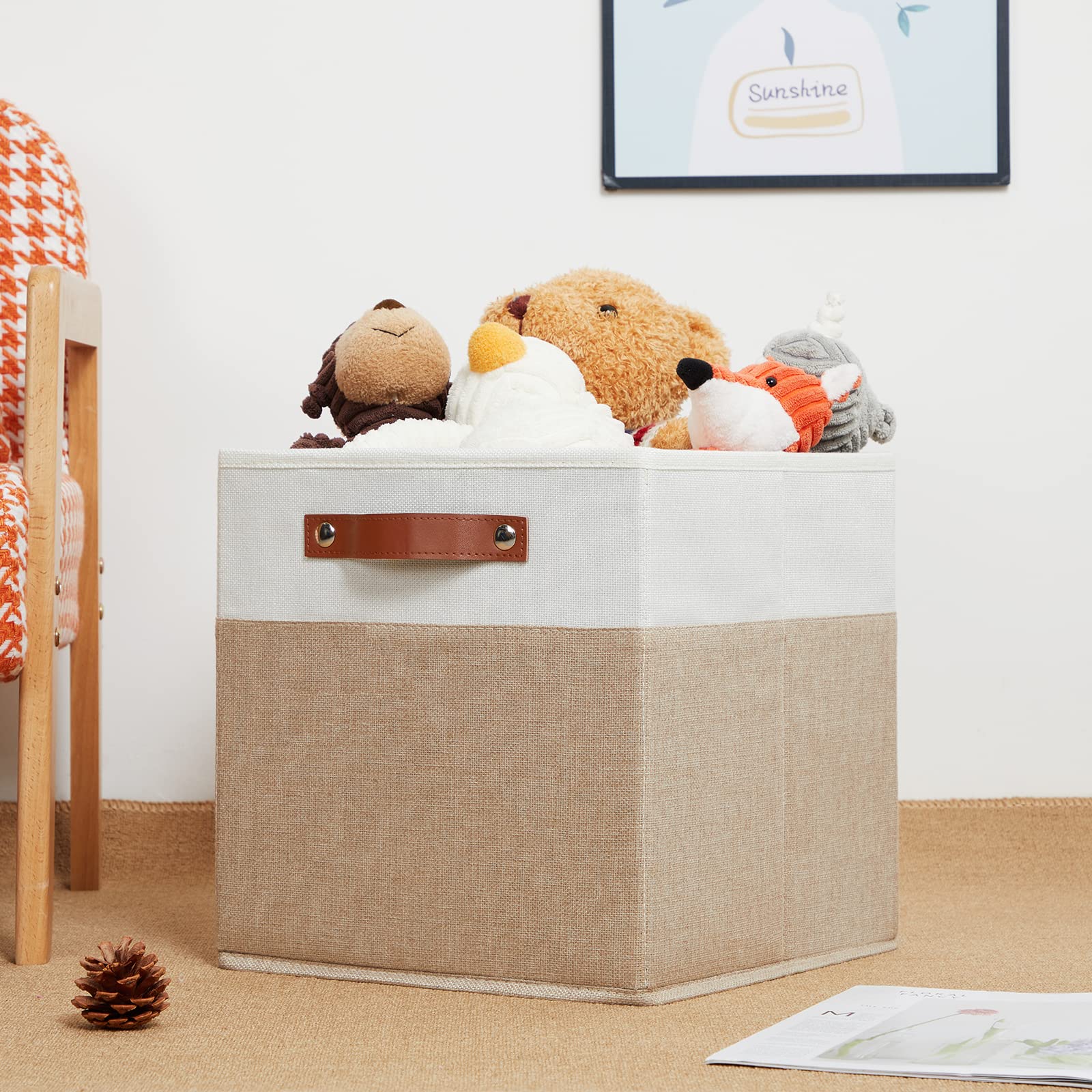 DULLEMELO Cube Storage Bins 12 x 12 x 12 inch Fabric Storage Cubes for Organizing Collapsible foldable Linen Canvas Closet Storage Bins for Shelves Closet Bedroom Toys Home Office(White&Khaki-4 Pack)