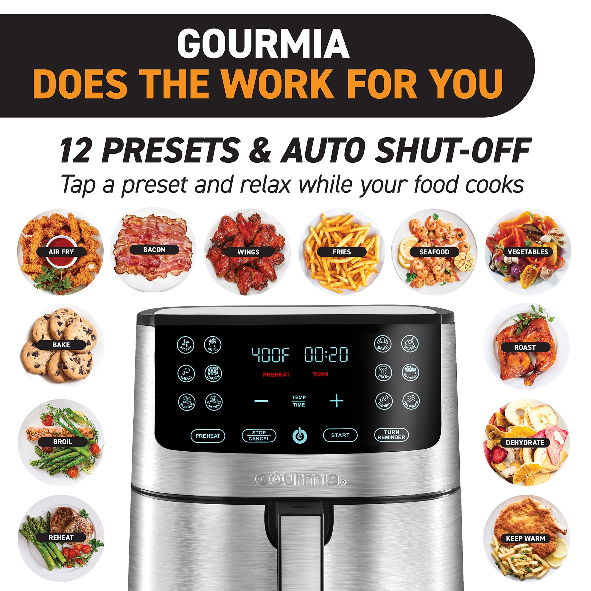 Gourmia Air Fryer Oven Digital Display 8 Quart Large Airfryer Cooker 12 Touch Cooking Presets, Xl Air Fryer Basket 1700W Power M