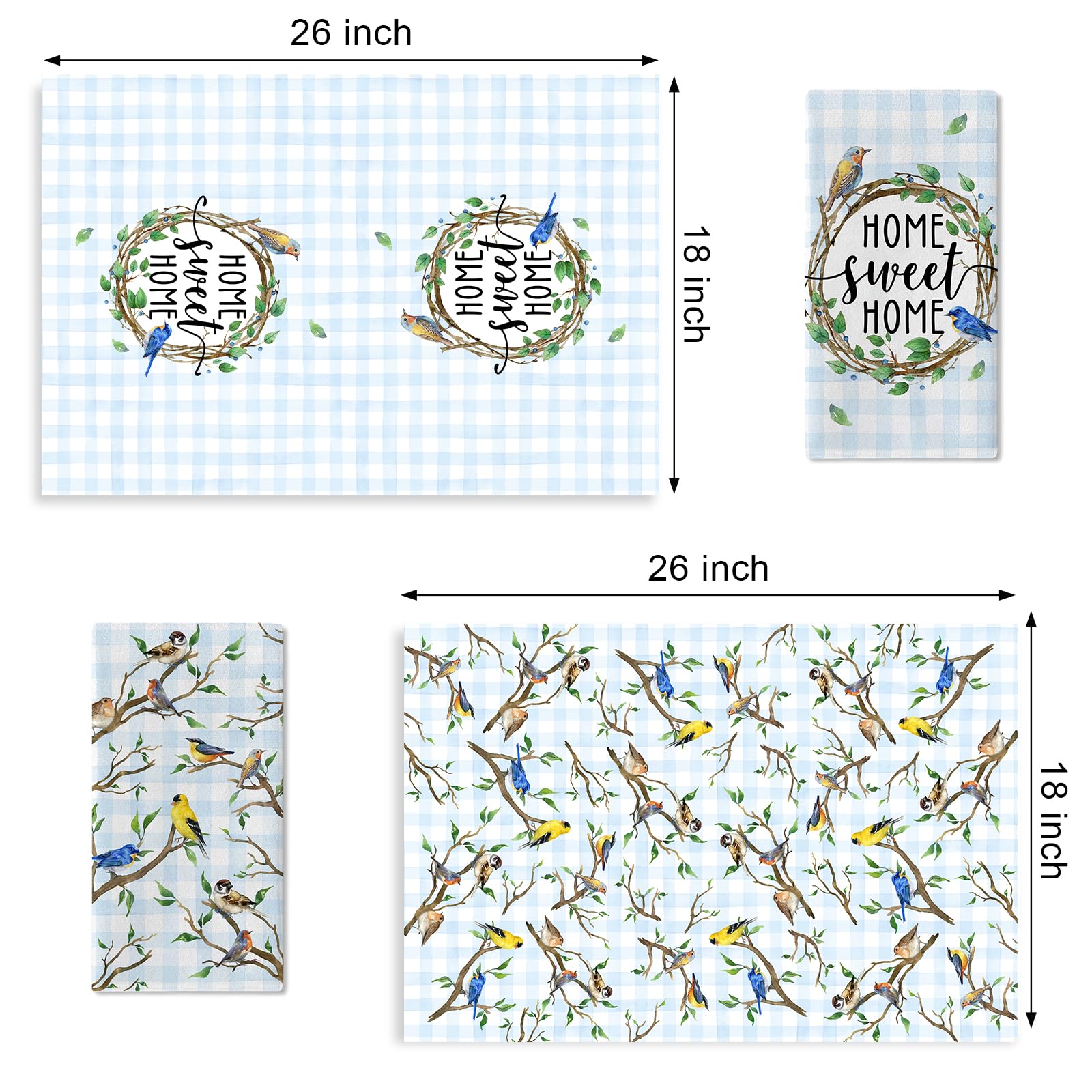 Seliem Home Sweet Home Birds Kitchen Dish Towels Set Of 2, Spring Summer Bluebird Chickadee Hand Towels Drying Baking Cooking Cl