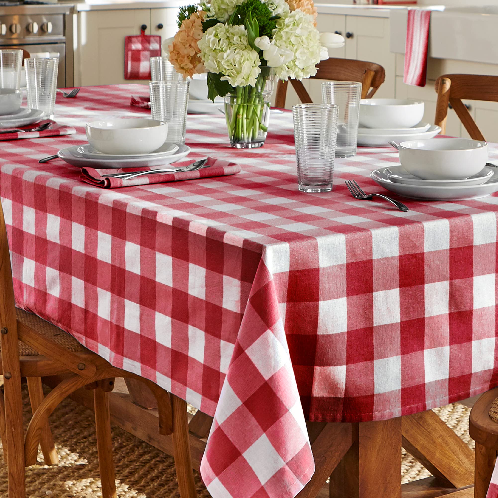 Elrene Home Fashions Farmhouse Living Buffalo Check Tablecloth, 60'' X 120'', Red/White