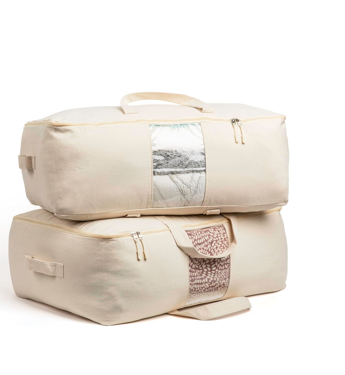 Soft Canvas Storage Bags with Zipper. Thick Breathable, 2pc King/Queen Comforter Organizer. Four Carrying Handles and Window. La