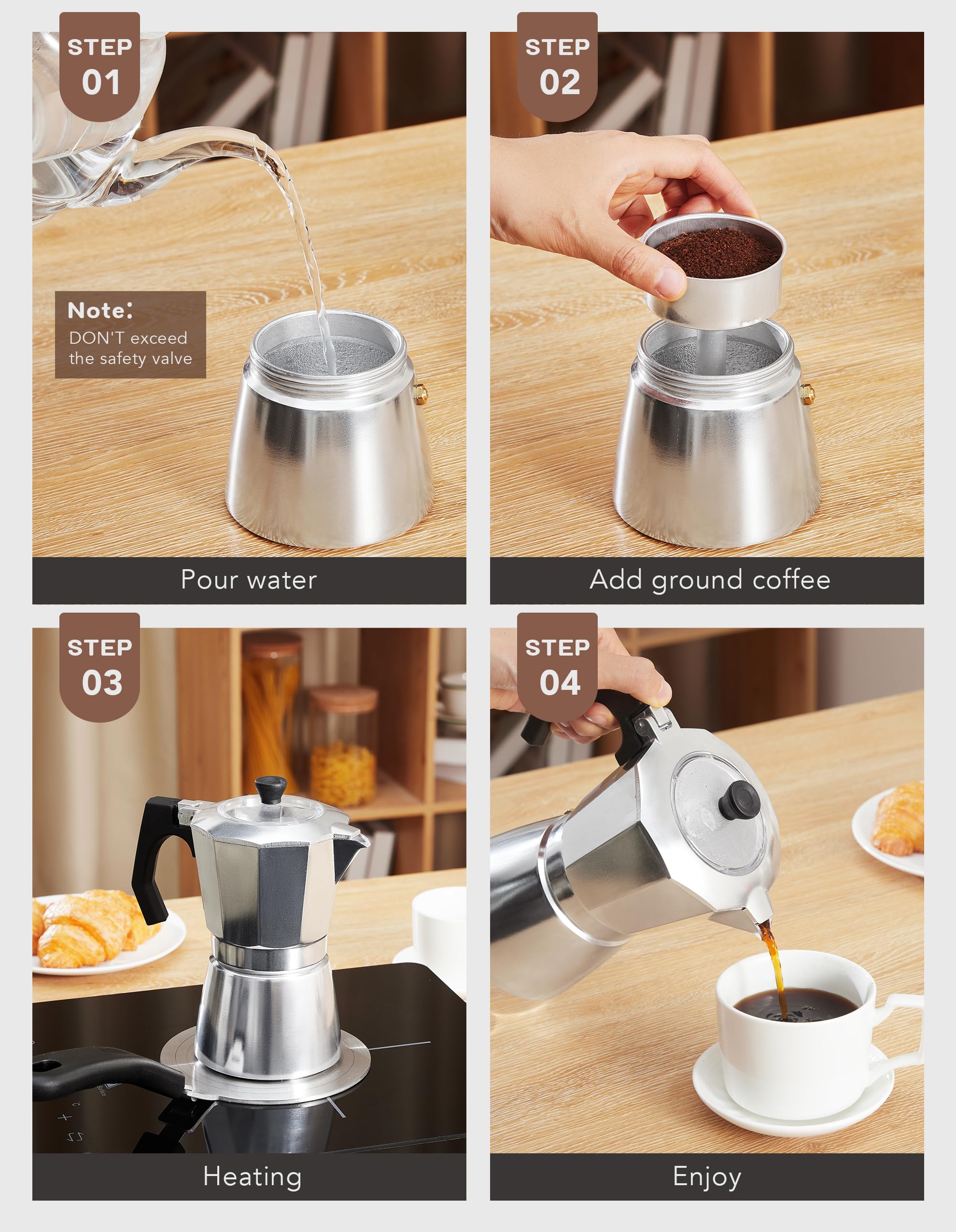 Esevolo 2Pcs - 1 Moka Pot Espresso + 5.5 Inch Stainless Steel Induction Plate Adapter, 6 Cup Aluminium Italian Stovetop Espresso