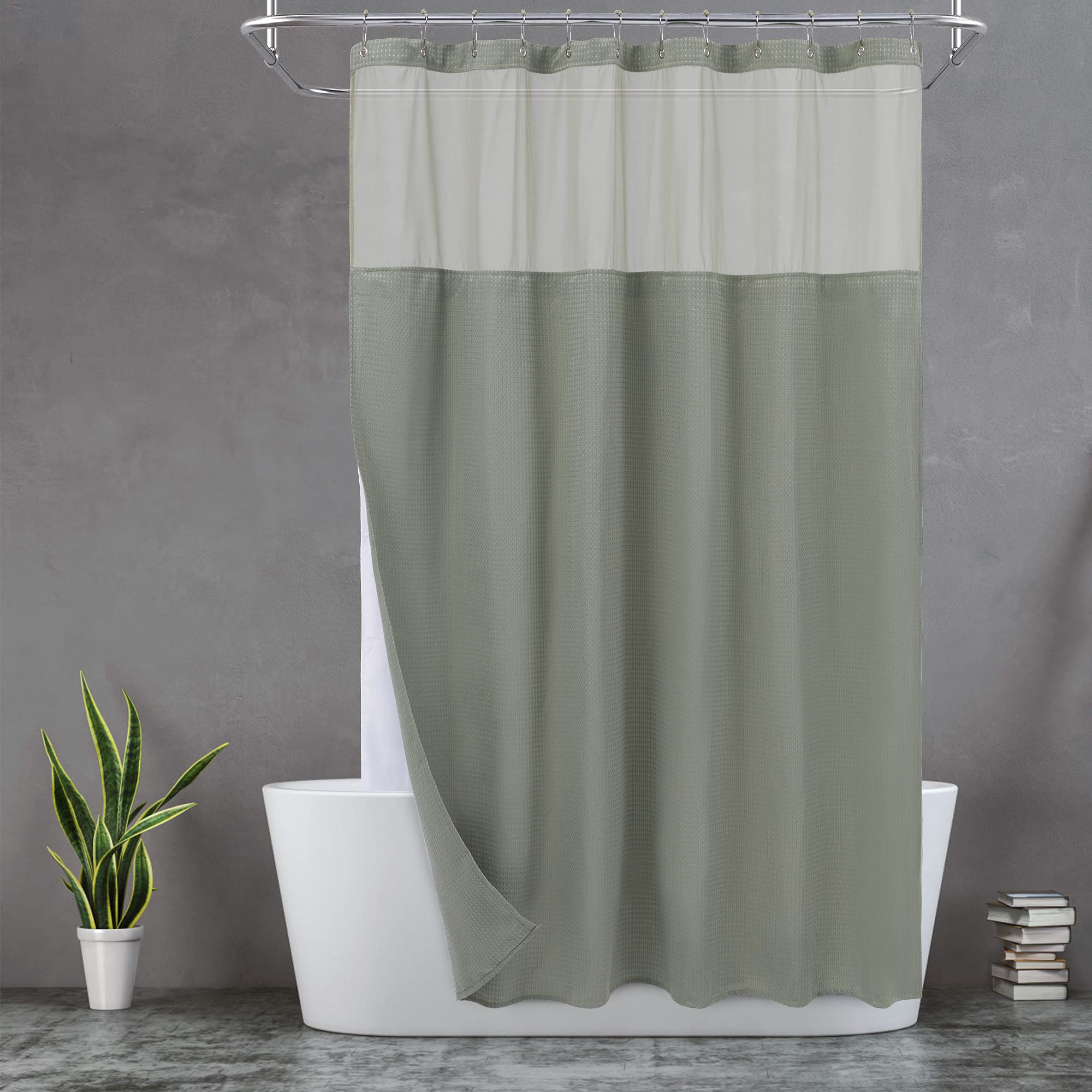 N&Y Home Extra Long Waffle Weave Shower Curtain With Snap-In Fabric Liner & Hooks Set - 71'' X 84'', Hotel Style & Mesh Top Wind