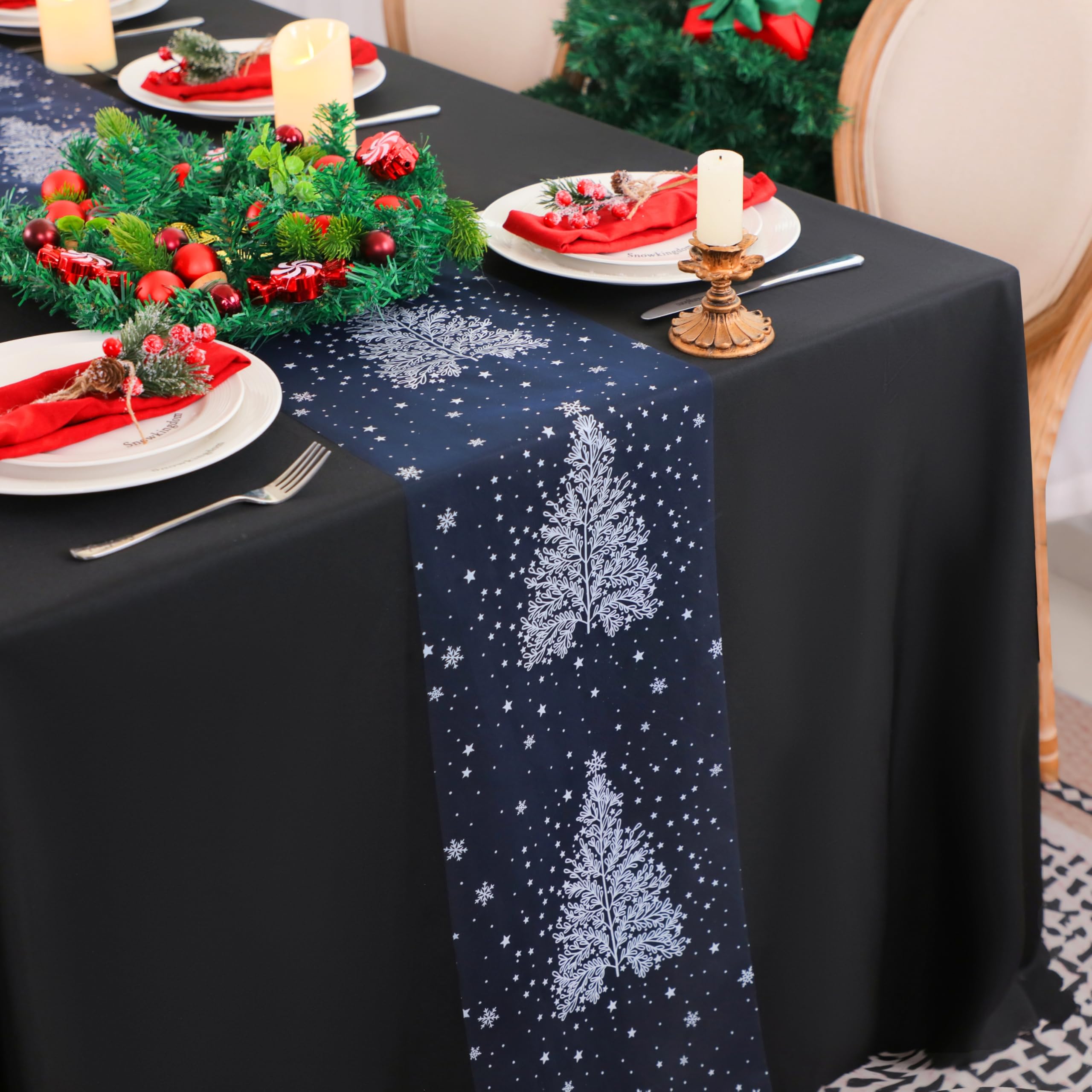 Snowkingdom Blue Christmas Table Runner, White Xmas Tree Snowflakes Table Runners Thin Mesh Lightweight 120 Inches Kitchen Dinin