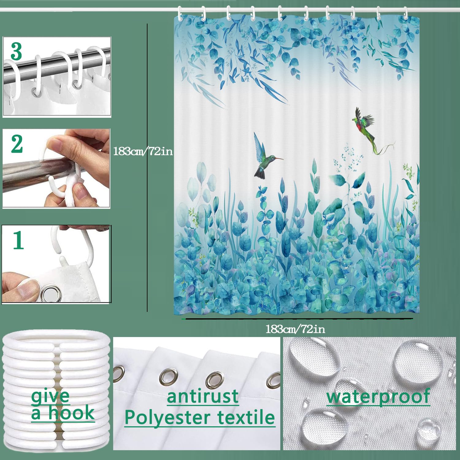 Niidder Blue Leaf Shower Curtain, Kingfisher Shower Curtain -72 ''W X 72'' L With 12 Hooks, Weighted Hem Shower Curtain, Waterpr