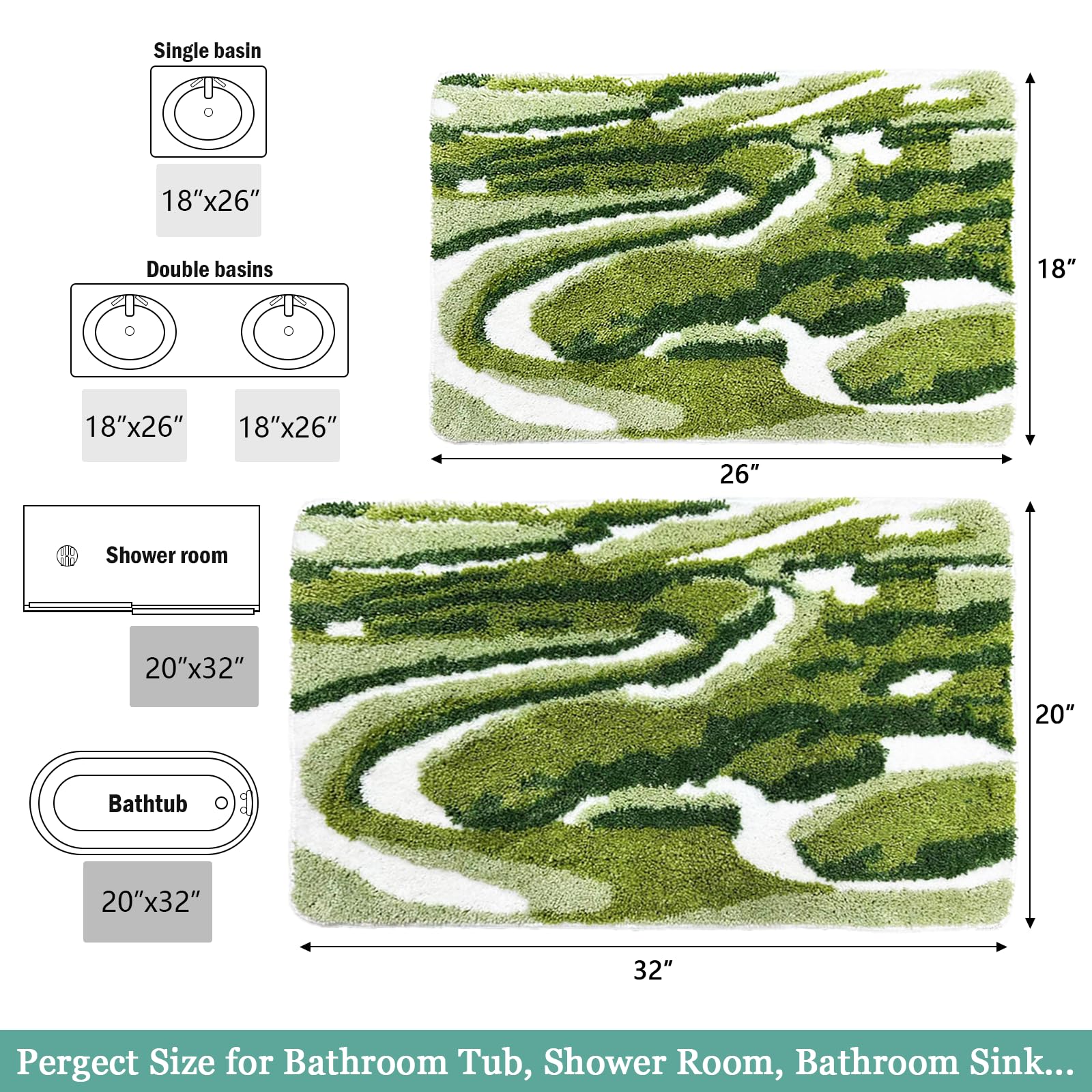 Homantic Bathroom Rugs Sets 2 Piece, Green Natural Scenery Bath Mat Set, Absorbent Bath Mats For Bathroom Floor Set Of 2, Green