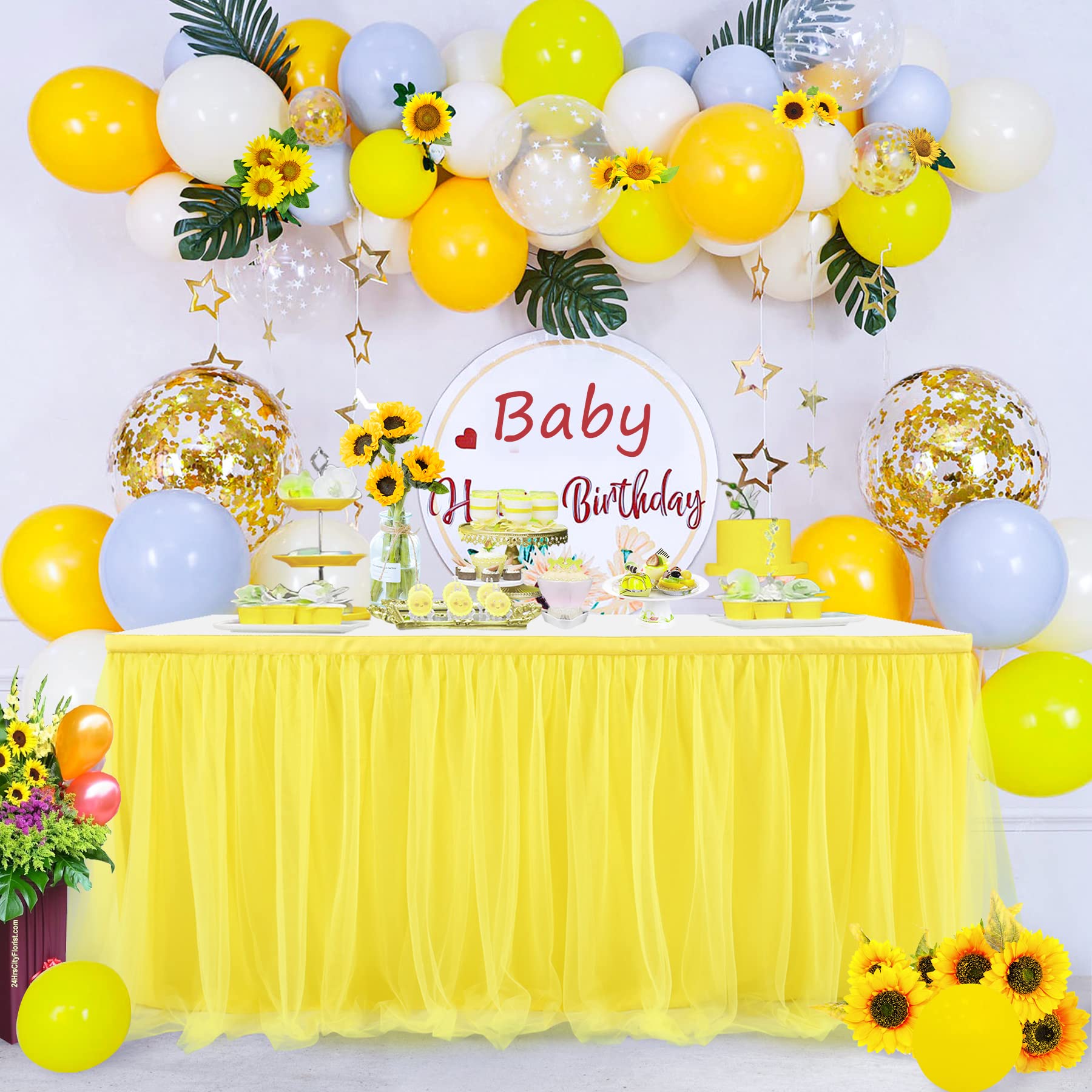 Suppromo Yellow Table Skirts For Rectangle Tables Or Round Tables 6Ft Ruffle Tulle Tutu Tablecloth For Sunflower Birthday Party