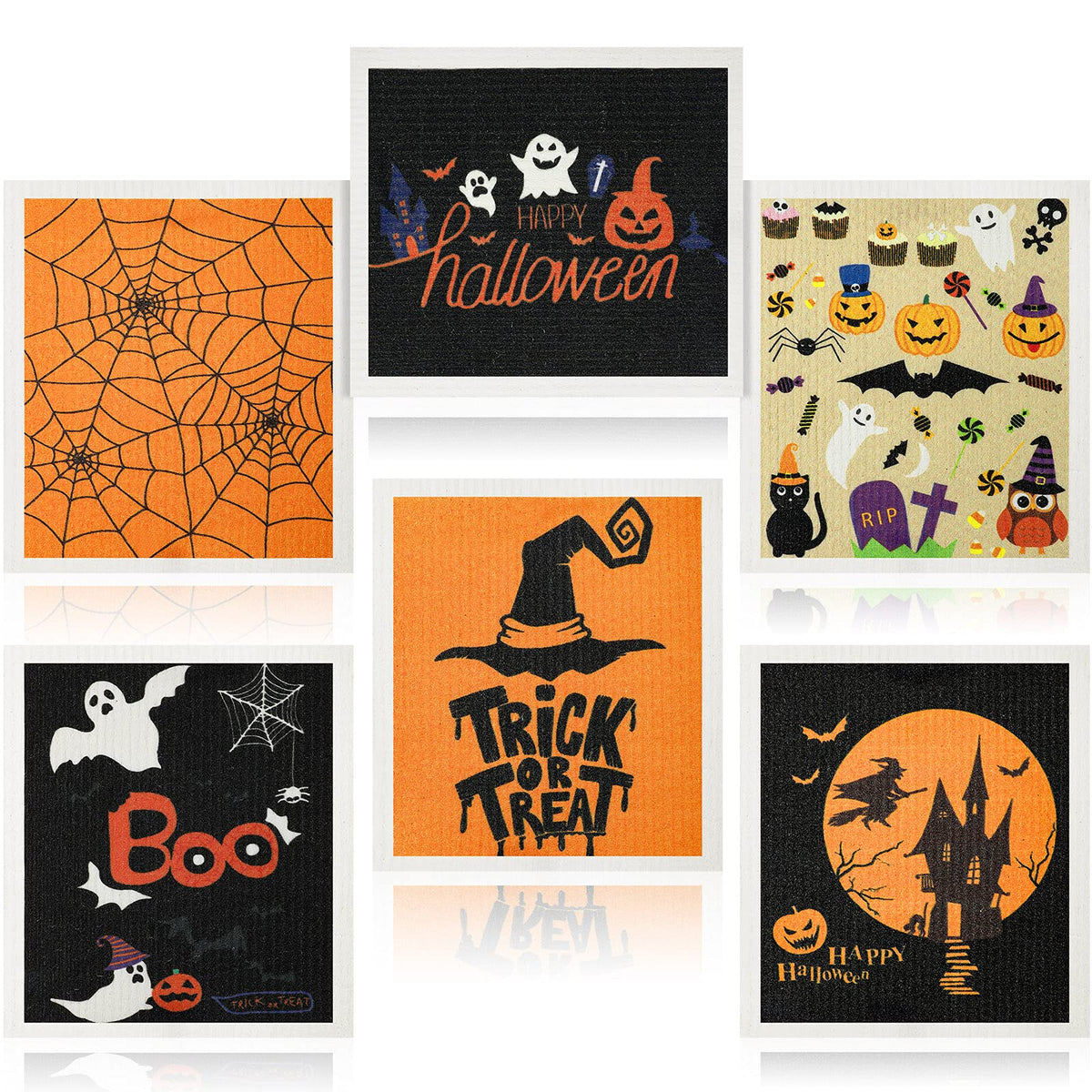 Honeydak 6 Pcs Halloween Swedish Dish Towels Ghost Pumpkin Swedish Kitchen Dishcloths Washable Reusable Halloween Dish Cloths Wi