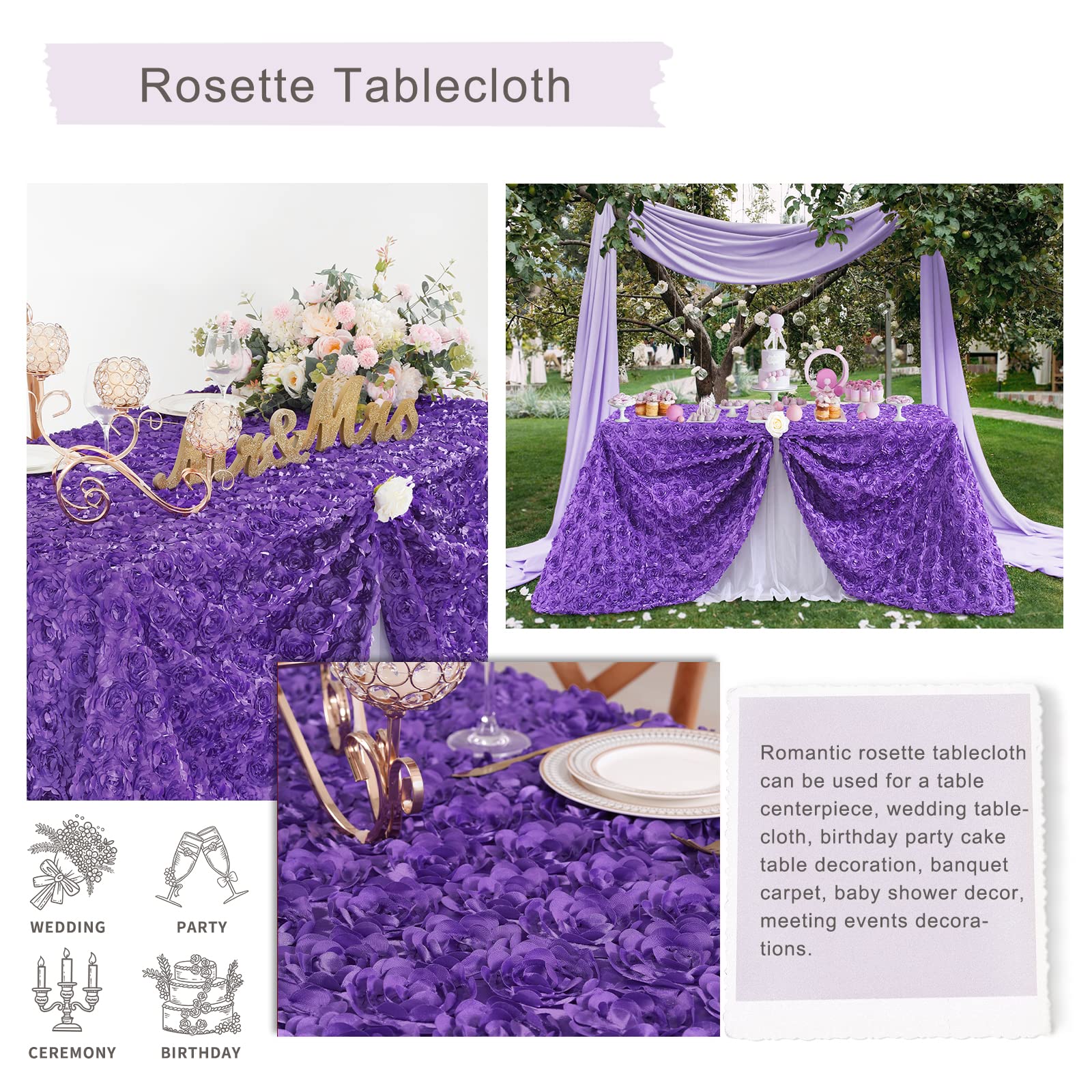 Fanqisi Purple Tablecloth 90X156 Inches Rosette Satin Tablecloth Birthday Party Table Cover Bridal Shower Table Decor Halloween