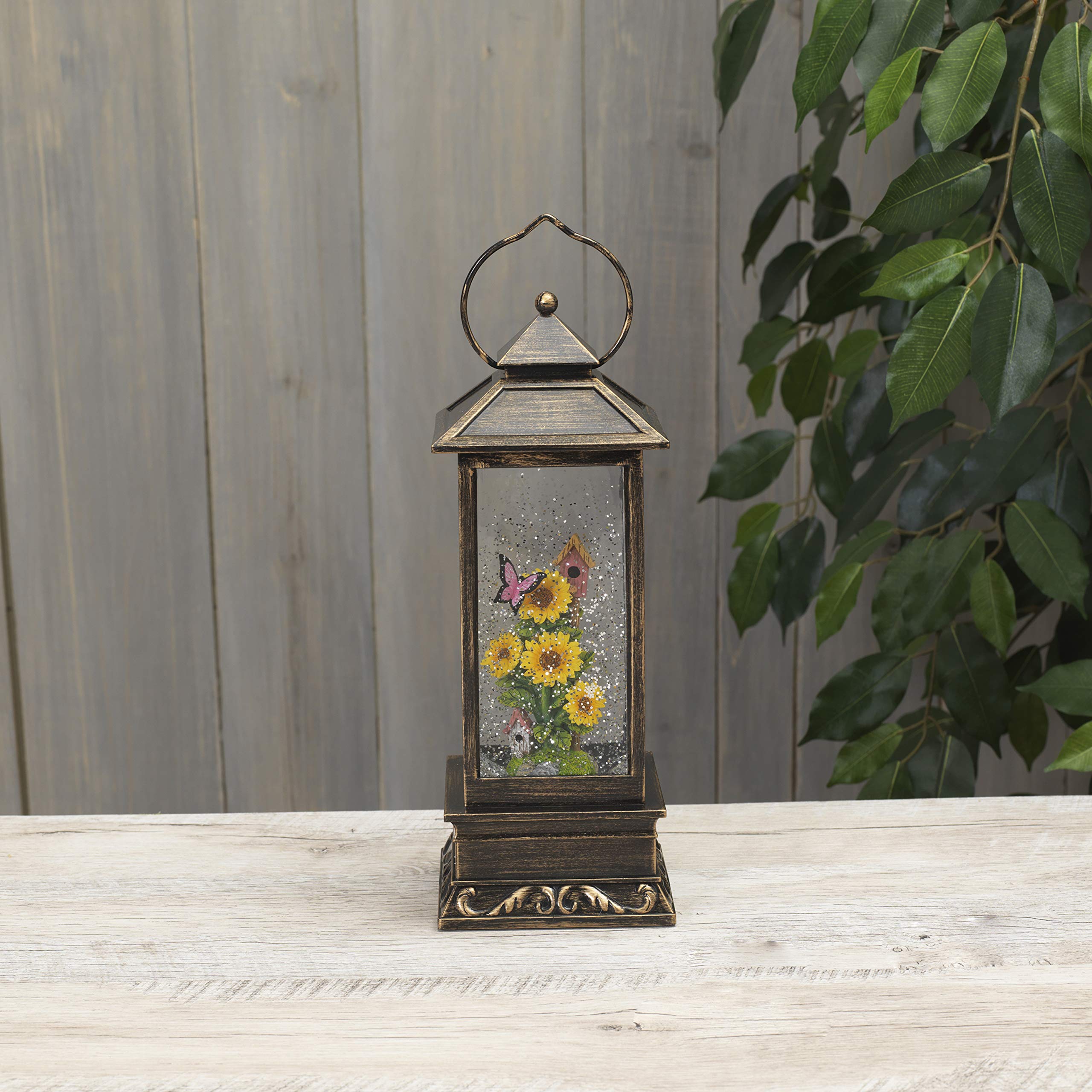 Garden Sunflower and Butterfly Lighted Water Lantern with Timer, Battery Operated, 10.8 Inches High (Pink, Green, Yellow, Bronze