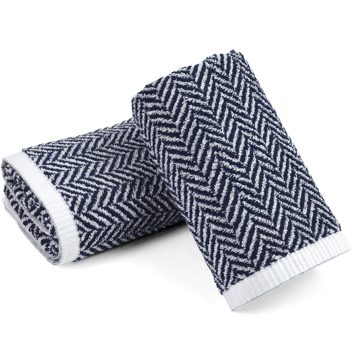 Cleanbear Hand Towels For Bathroom With Decorative Herringbone Stripes, 100% Cotton, 13 X 28 Inches, Navy-Blue And White, 2 Pack