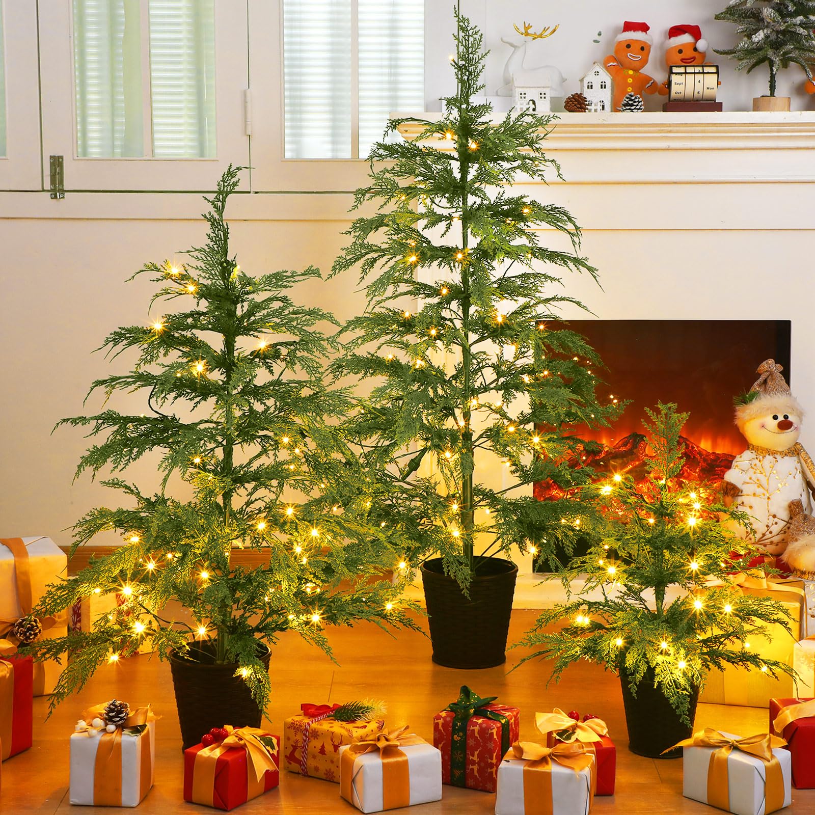 Cinnvoice Set of 3 2ft 3ft 4ft Pre-lit Twinkle Christmas Cypress Tree with 180 LED Light Realistic Artificial Trees with Woven B