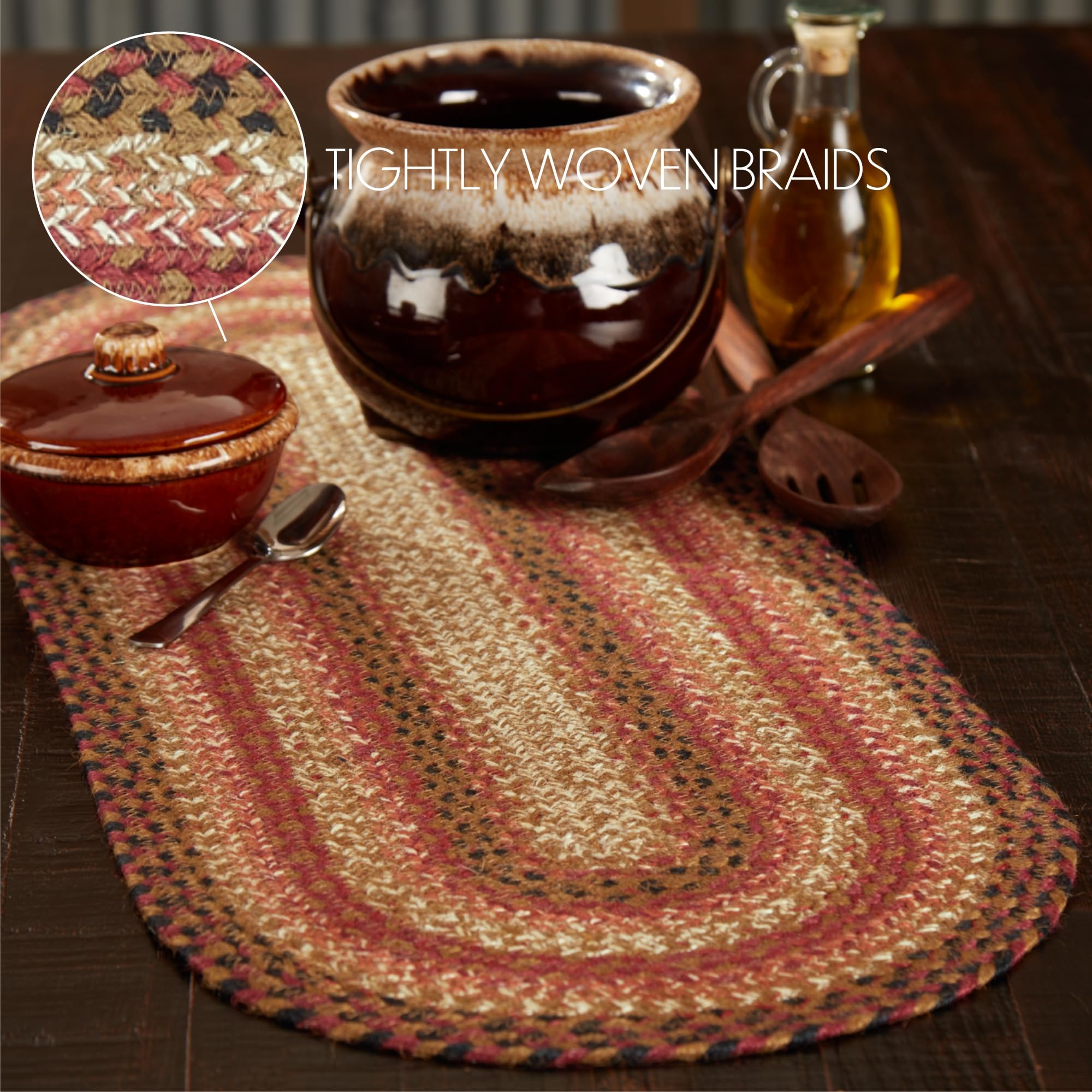 Vhc Brands Primitive Ginger Spice Table Runner, Orange Red Natural, Jute Blend, Oval, 13X36 Inches