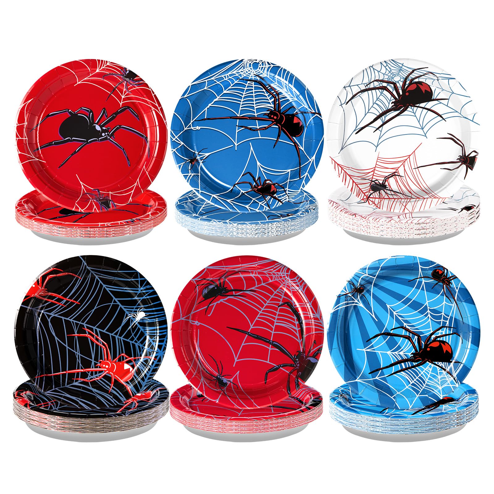Grencian 60 Pcs Spider Party Supplies Spider Web Paper Plates Red Blue Spider Web Birthday Decorations Disposable Super Theme He